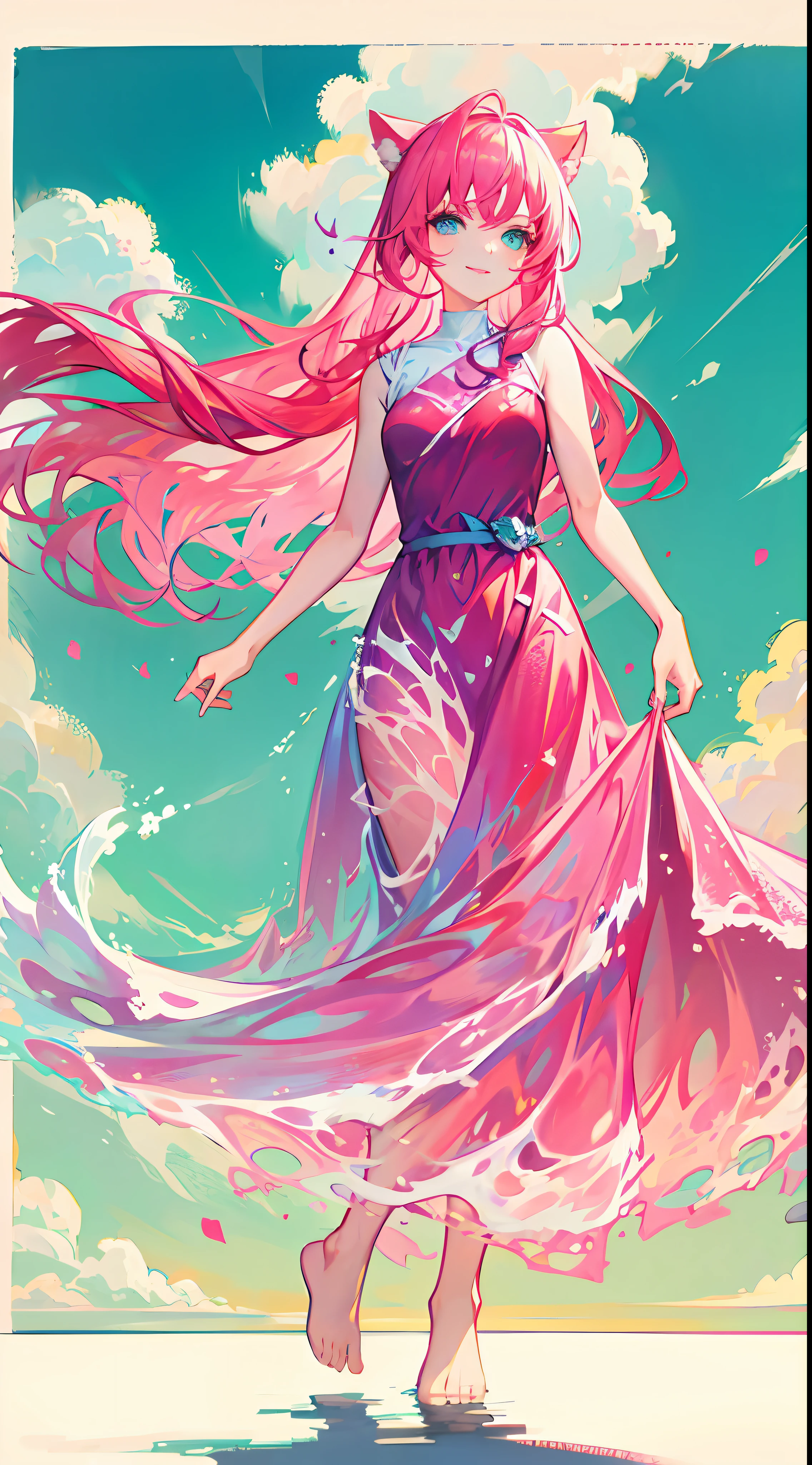 liquid clothes, 1girl, solo, long hair, pink long dress, barefoot, pink hair, blue eyes, cloud, very long hair, cat ears, sky print, pink dress, standing, sleeveless, looking at viewer, smile,