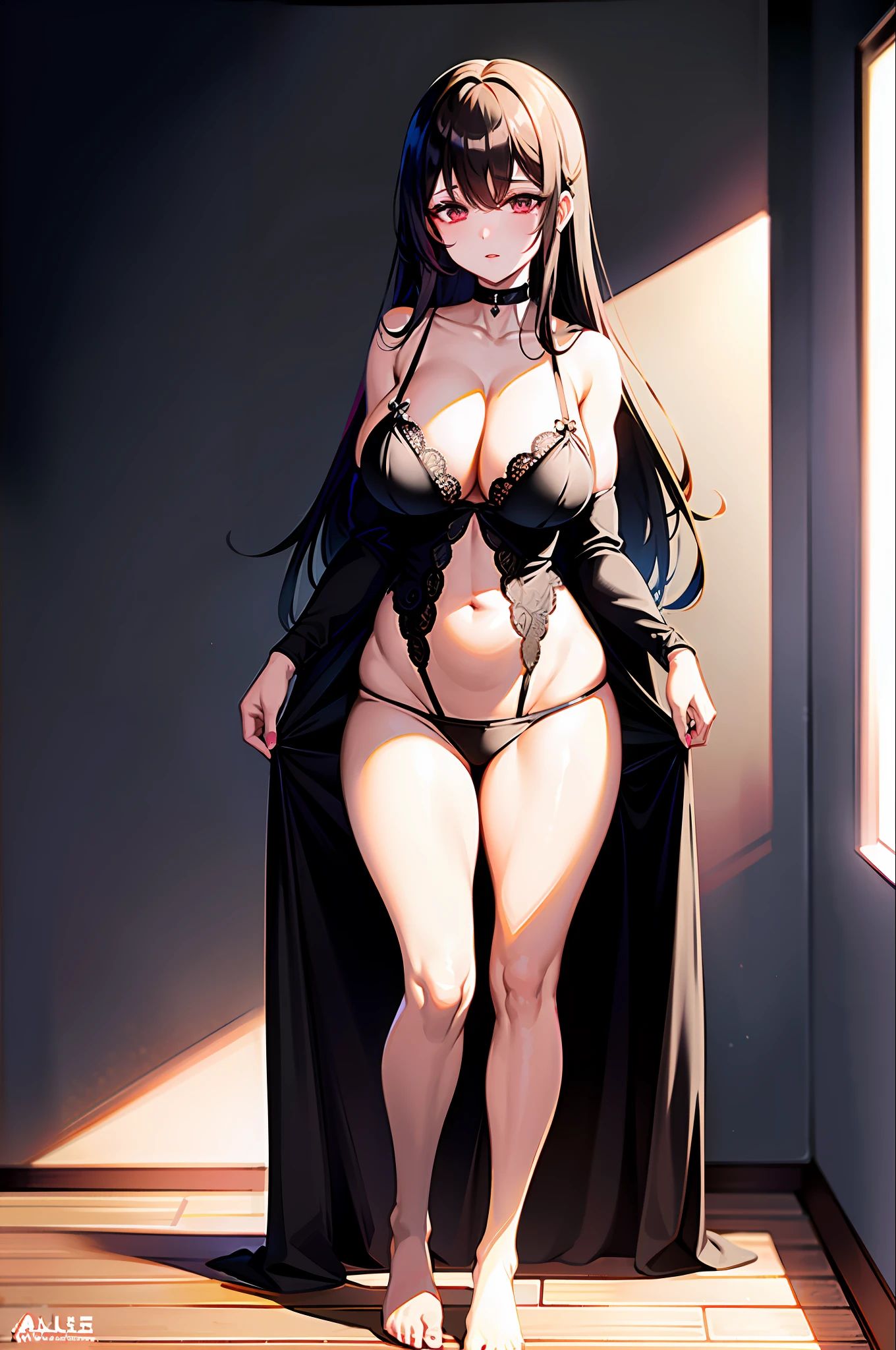 A woman wearing Black lingerie and Black knee-length with her hips facing the camera(Large thick leg 1.3)Gauze clothes(Face away from lens 1.2)(sexy1.5)(Hips facing camera 1.5)(best qualtiy:1.1)(whole body display)panties a lot wet、Be red in the face、irate、Highlight the breasts (tmasterpiece:1.3)super detailing,best qualtiy,Masterpiece Light(best qualtiy,8k,32k,tmasterpiece,UHD:1.2)