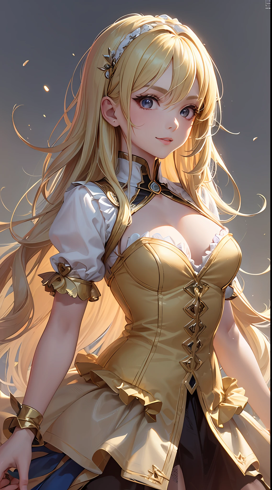 1girll，(Long fluffy blonde hair:1.6)，Ballet costume，Mature female，Rich and noble families，full bodyesbian，ssmile, V-shaped eyebrows，looking at viewert，Ultra-detailed CG，Exquisite facial features，Clear facial expressions，Detailed digital anime art，Digital anime art，High quality anime art style