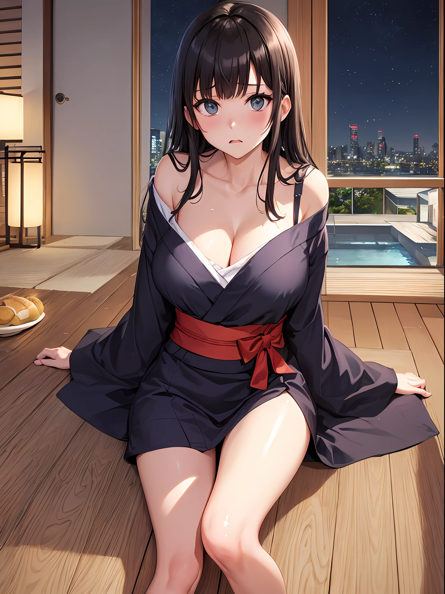 (masutepiece), Top quality ultra-detailed CG art, Beautiful women's yukata, White string bread(Cute), A look of shame, Big eyes, Radiant hair。(narrow-focus shot), Juvenile body shape, length hair, knees up, Pounding face, Night Images、Idols of the Showa era、sprawl、Fluffy bets、