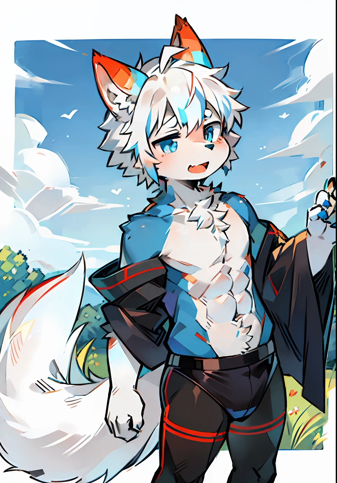 Male small children,boy,Wolf type,Wolf ears,Humanoid,mouth opening,bachelorhood,The chest has a red and blue stripe pattern,White hair,posing on a,sbeard,hairy,hyper cute face,One guy,Abs,High-quality portraits,hair over,Dull hair,lowerbody,whaite hair,The whole body is covered with white hair,ventania,in a panoramic view,Big furry tail,Upturned tail,clouds,Skysky,grassy fields,in summer,musculature,Red and blue pupils,Wear white thongs,Wear black fitness tights on the upper body