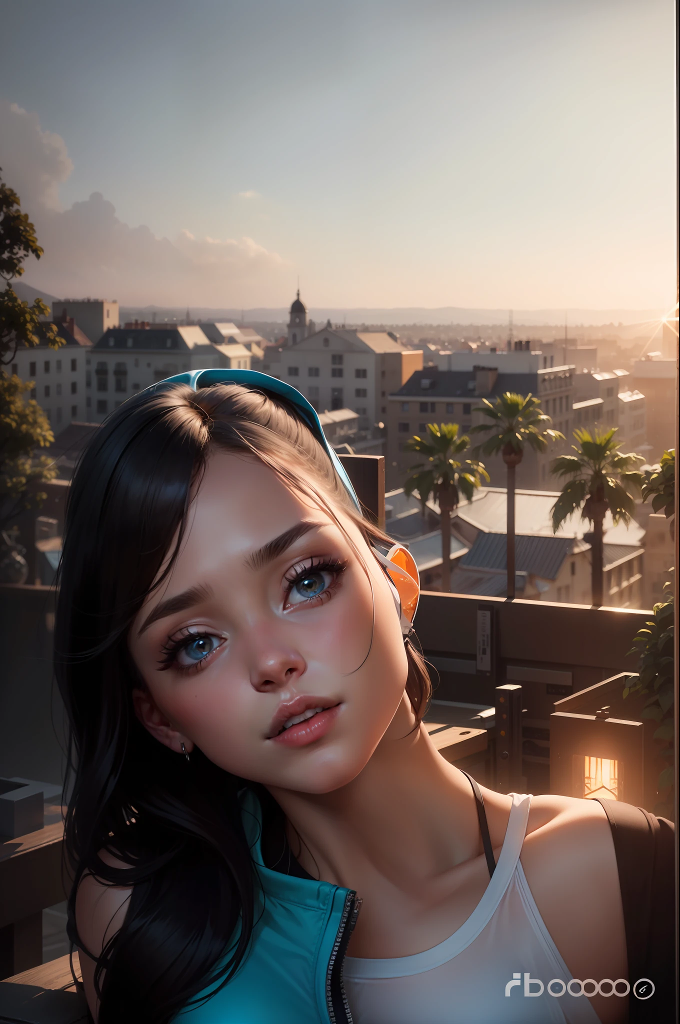 "An ultra-detailed 8k masterpiece best quality and high saturation. The image features a clothing illustration with a stunning thick european girl wearing a tight sheer leggings outfit, including tight open shirt, F cup, white sneakers, and a blue background."
