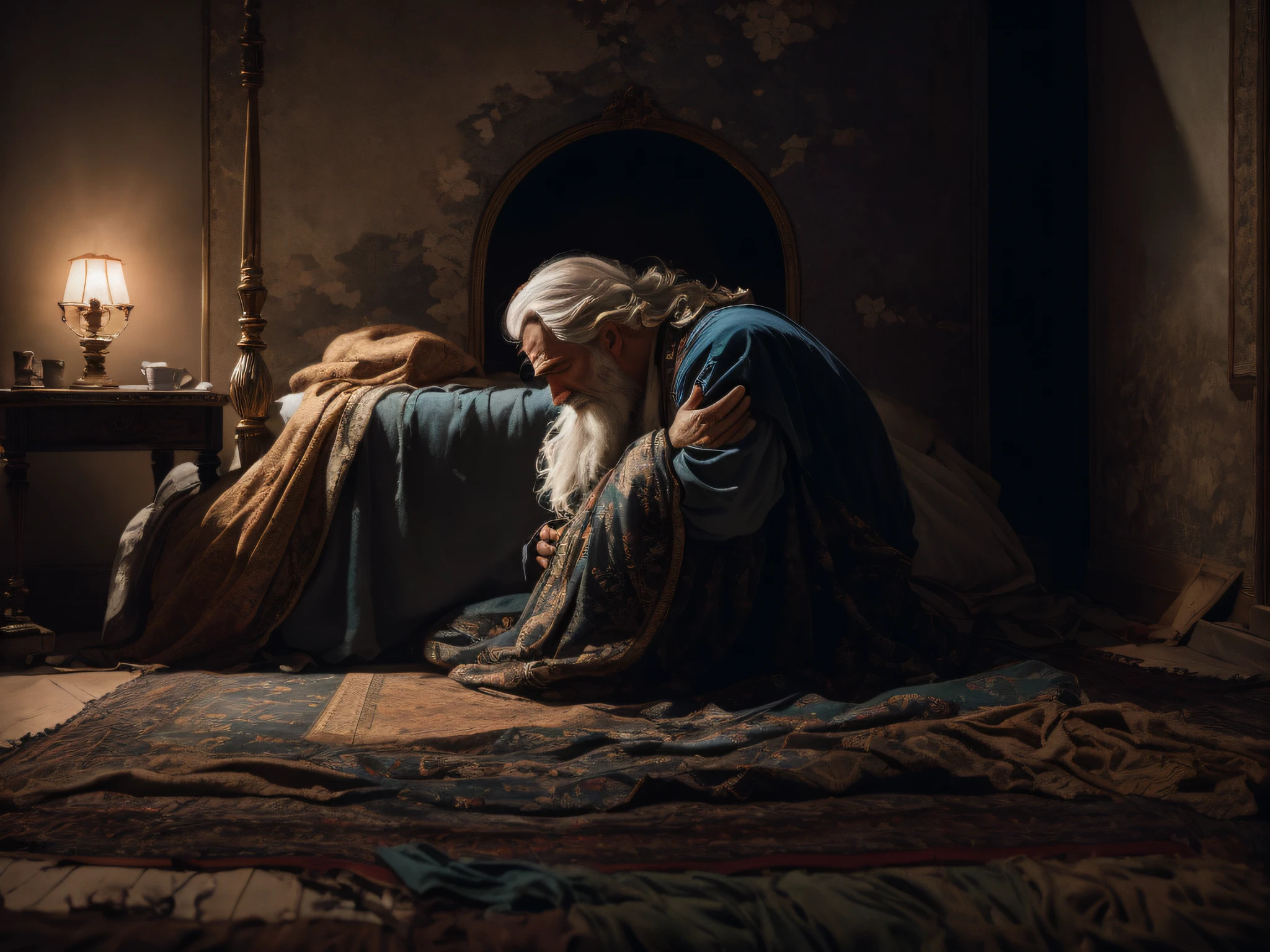 There's a man sitting on a bed in a dark room, Light composition of Old Masters, Sergey Zabelin, Directed by: Roman Bezpalkiv, Directed by: Daniel Seghers, Directed by: Jan Tengnagel, Directed by: Mikhail Evstafiev, Directed by: Jan Lievens, Directed by: Andrew Geddes, Directed by: Fyodor Rokotov
