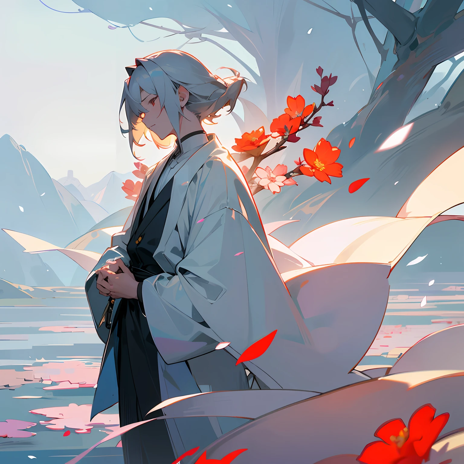 White clothes like snow,The aura of Haoran pervaded the chest。Antique style blends elegance and elegance,It's as if you've traveled through a thousand years of time。His gray hair is like a cloud,Gently flutter in front of your forehead,Contrast with his bright eyes。
The flowers bloomed behind him,Like a splendid red sea。That blooming flower,Bright red like fire,But with a hint of sadness。petals gently floating down,Like flying snowflakes,Dot his white clothes。
He stood alone on the riverbank,Looking into the distance。His gaze was deep and distant,It seems to be able to travel through time and space,See those past events vividly。
The mountains in the distance lie quietly in the clouds,It's like a landscape painting。The river flows quietly,A gentle breeze,Bring a touch of coolness。He seems to be at one with this piece of nature,Connect with the earth。
He is dressed in white and ancient,Like a fairy walking on earth,Sprinkled strings of poetry。His presence,Make the whole world look more beautiful,More mysterious。
Behind the blooming of flowers on the other side,He carries the memories and thoughts of the past,Like a poignant legend。There was a hint of helplessness in his gaze,But full of determination。
Manteau blanc、ancient wind、Gray hair and flowers on the other side,Interweave a beautiful and aesthetic picture。It is a combination of classical and romantic,A being that transcends time and space。
He was so different,As proud and beautiful as a flower on the other side。His presence,He was destined to endure more loneliness and hardship。Sin embargo,He never flinched,I have been searching for the eternity and truth in my heart。
He in white,It seems to be a fairy who has walked through thousands of years,And the other shore flower is his guardian。Behind him,It's a story full of legends,Waiting to be revealed。
He looked at the flowers on the other side,As if silently telling it,He will make the world a better place,Let everyone feel the deep romance and poetry。
an
