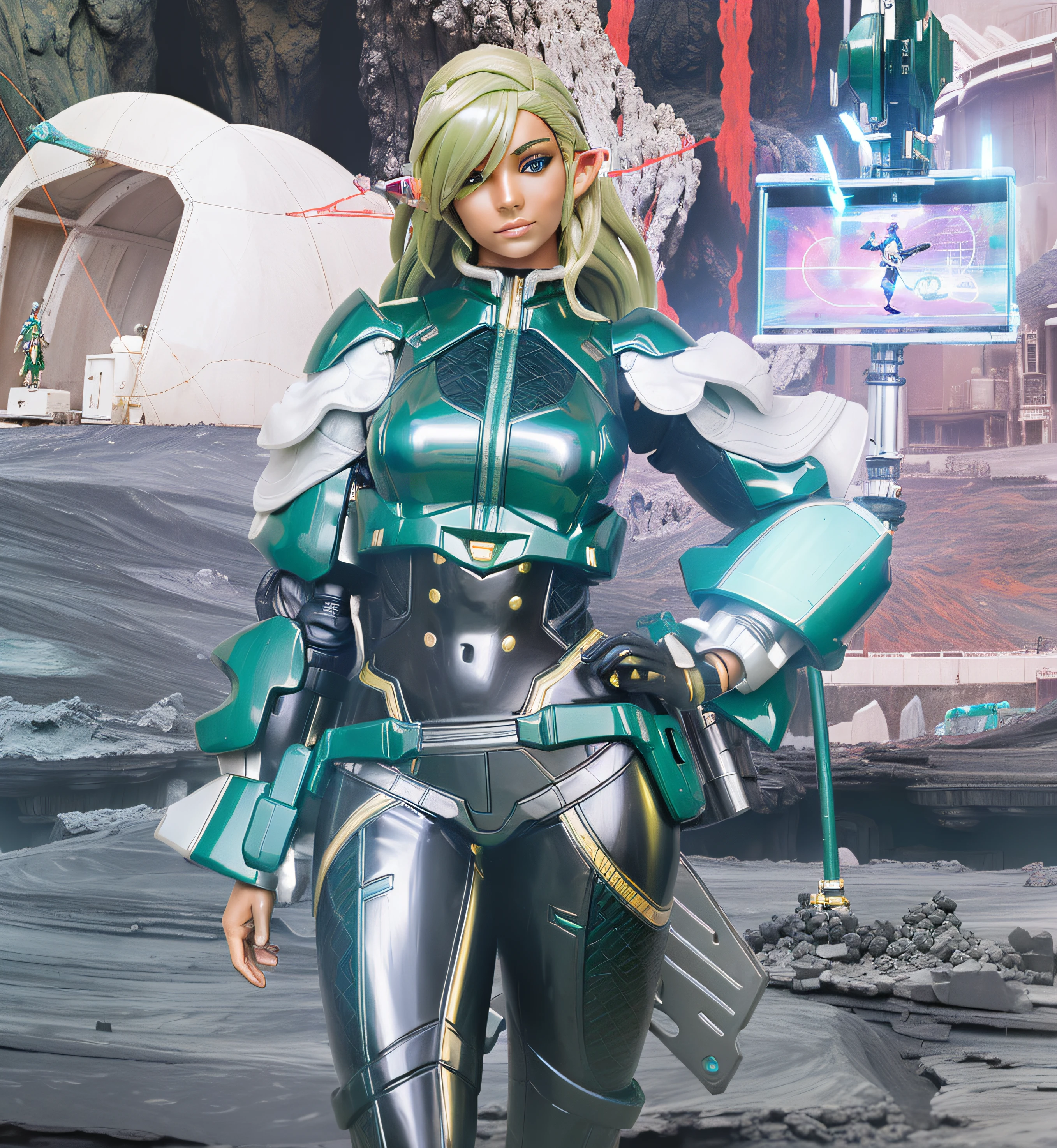 ((masterpiece,best quality)), Curvy blonde Black elf woman, in green black and teal cyber suit, standing in volcanic base camp, mechanic robot floating nearby, realistic Action figure, toy close up, detailed figurine, intricate details