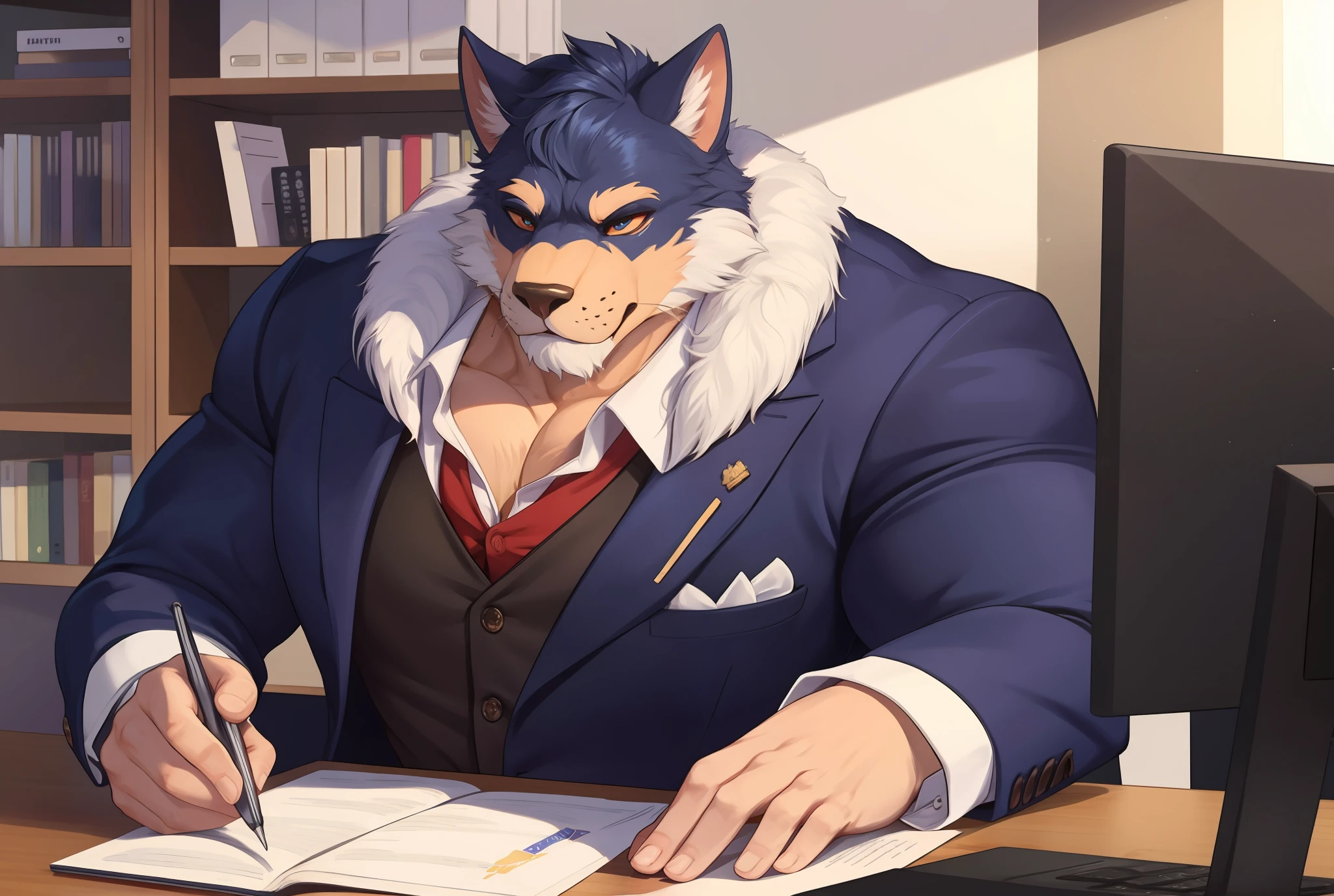 huge muscular furry red bull in a stylish suit working in a modern office