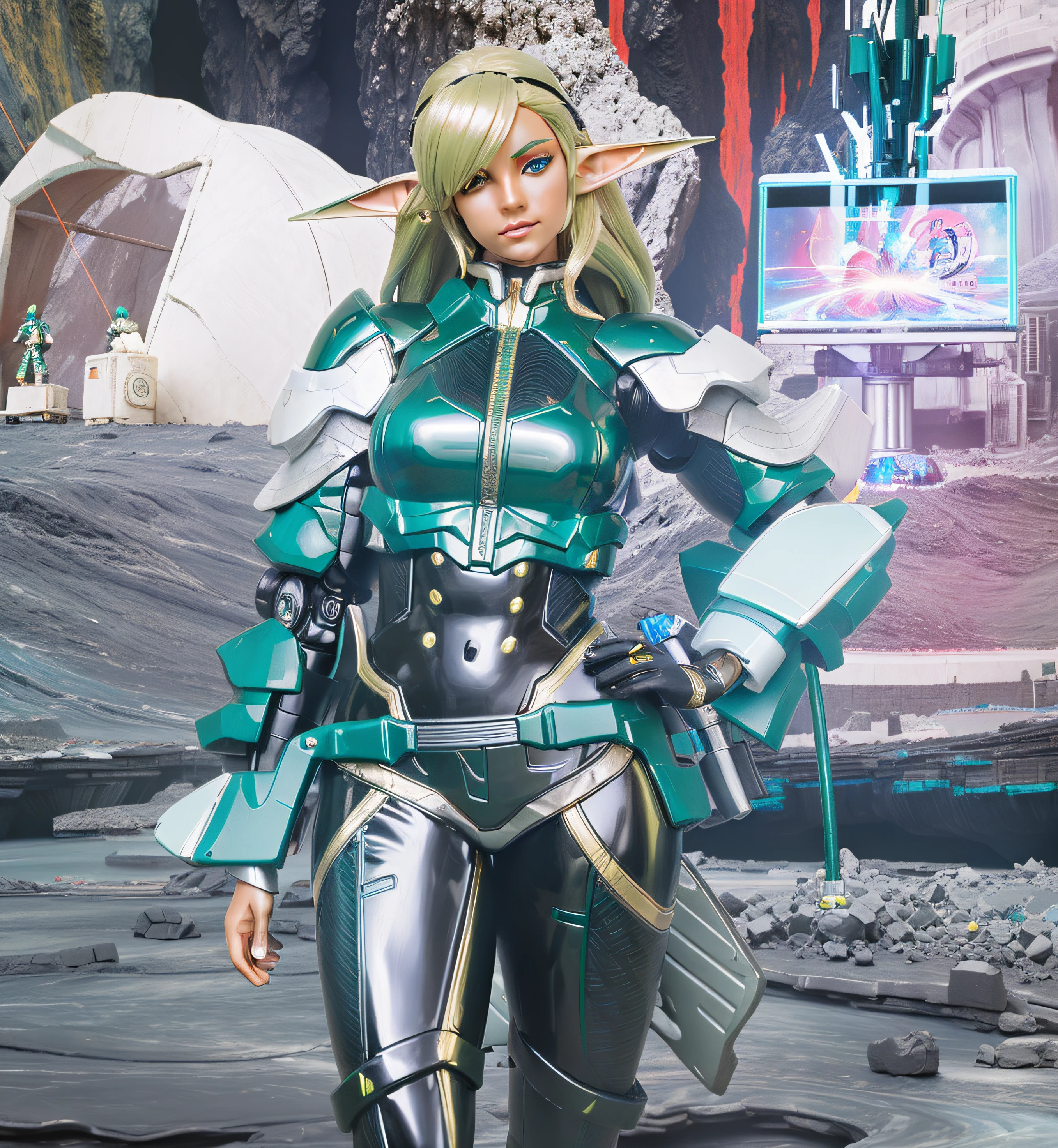 ((masterpiece,best quality)), Curvy blonde Black elf woman, in green black and teal cyber suit, standing in volcanic base camp, mechanic robot floating nearby, realistic Action figure, toy close up, detailed figurine, intricate details