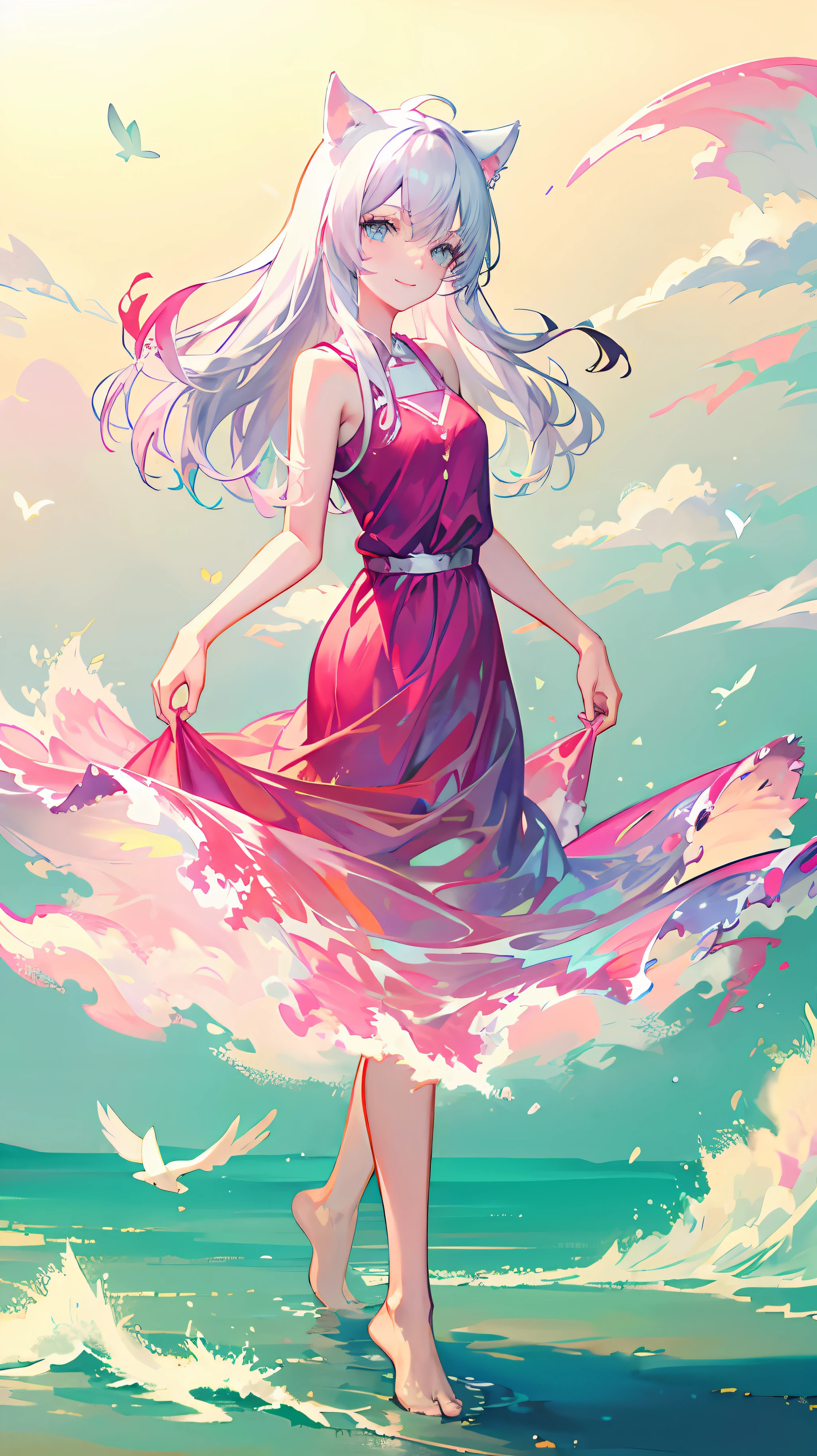liquid clothes, 1girl, solo, long hair, pink long dress, barefoot, white hair, blue eyes, cloud, very long hair, cat ears, sky print, pink dress, standing, sleeveless, looking at viewer, smile,