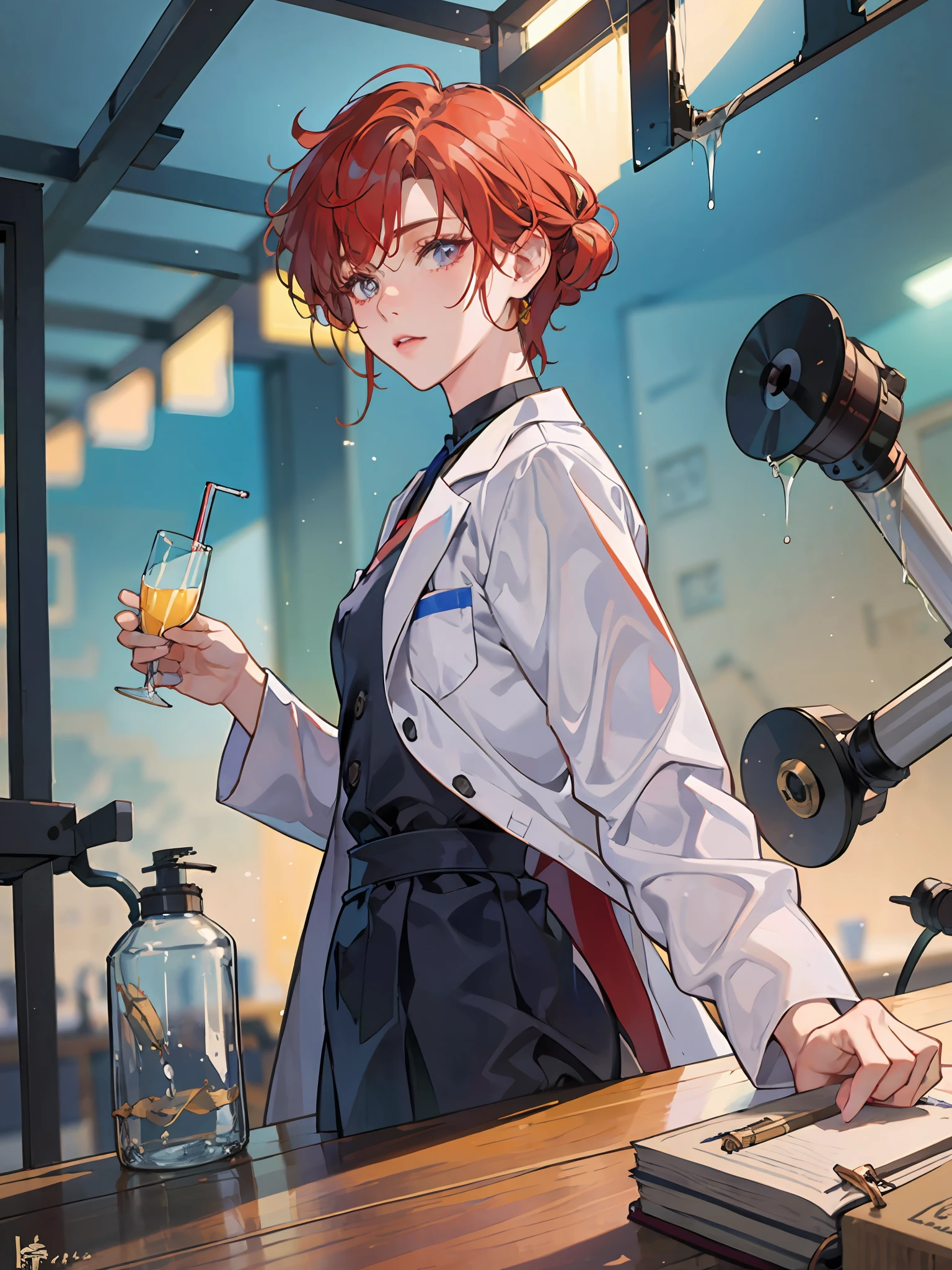 (beste-Qualit), (photo-realistic: 1), realistic skin texture, bokeh, face focus, gaze at the viewer, pharmacist, White lab coat, A young, beutiful, laboratory, Experiments, test tube, drinking glass, microscope, bookshelf ，Colored liquid, (haruka tenoh hairstyle, redhead:1)