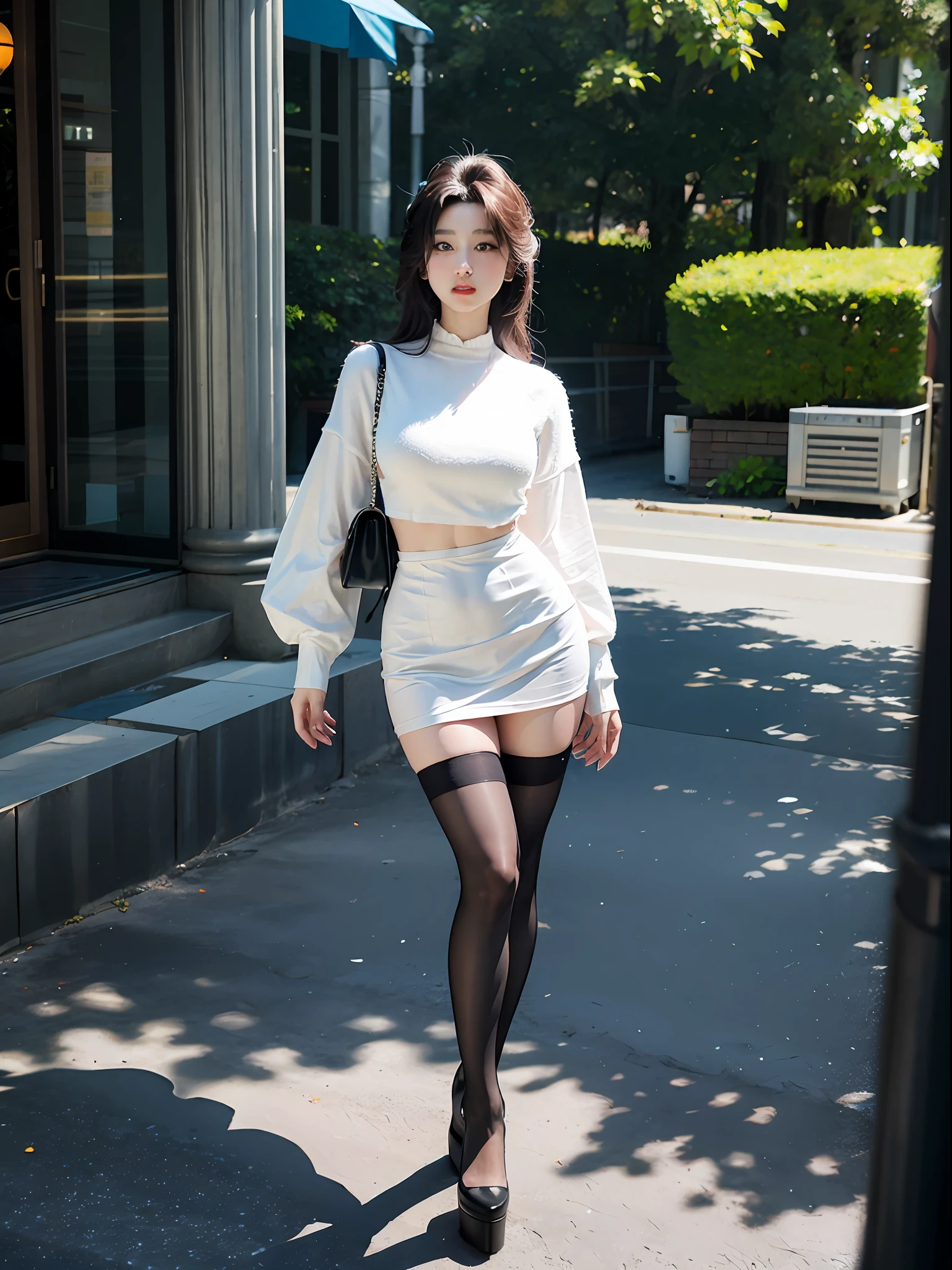 white  clothes,Skirt that wraps hips,black lence stockings,high-heels,Amazing lighting,cinmatic lighting,the street,（best qualtiy， tmasterpiece：1.4）, hoang lap,Ultra-detailed CG 8K， high detal， beauitful face， 详细的脸， 1girll,are standing,， shades， shiny skins， tilt of the head， Stand still， blooms， light particules， depth of fields