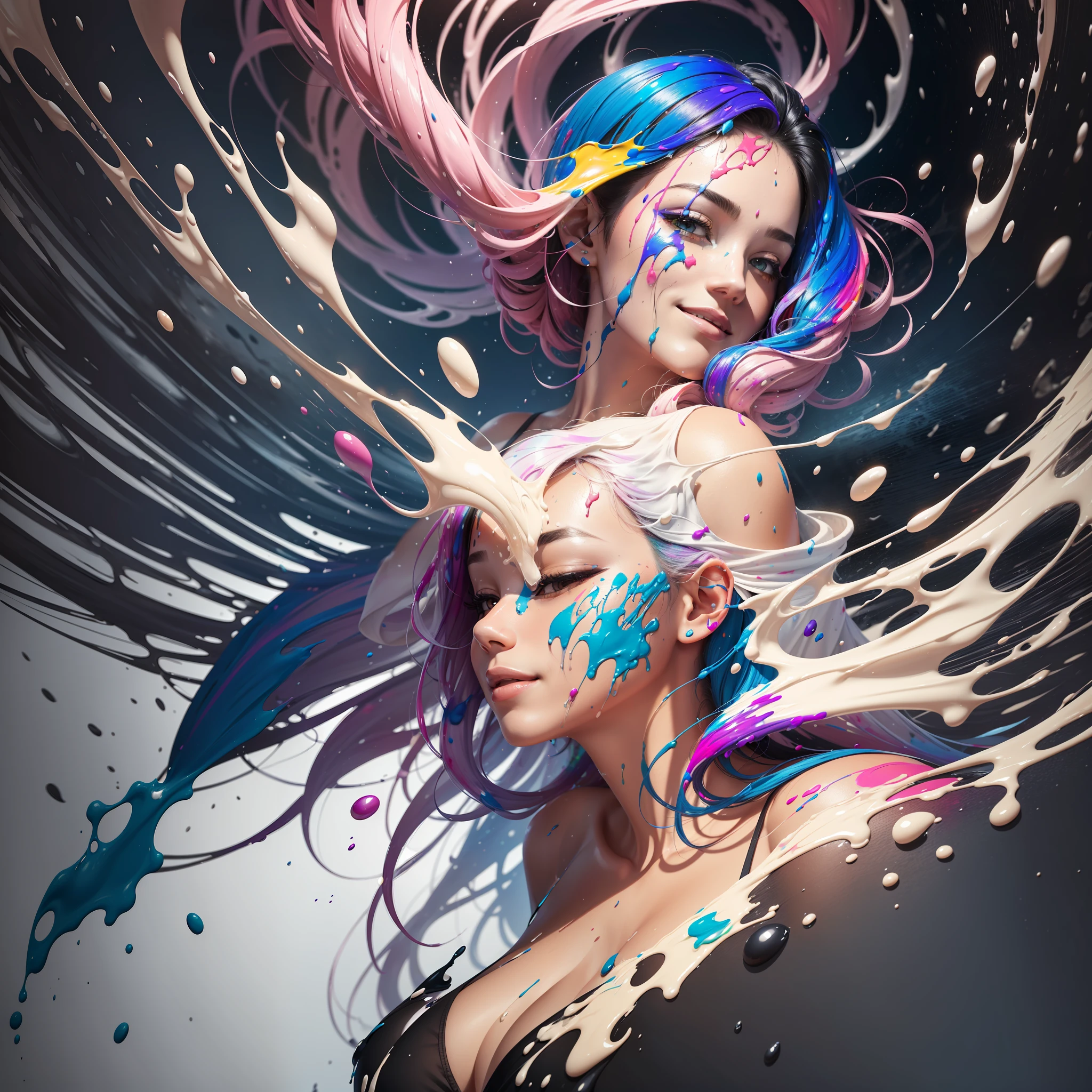 Two women floating in black space, full body shot, embracing, kind and sensual,

Paint raining, thick Paint rainbow hair, breasts covered with paint, ((sfw)), calm facial expression, relaxed, ((gentle smile)), ((paint instead of clothes, no clothes)), small breasts, ((relaxed face)), relaxed shoulders, dynamic pose, liquid details, black background, no background, no frame, thick paint splatter, extreme detail, 3d, 8k, details, paint splatter on the face, short voluminous hair,