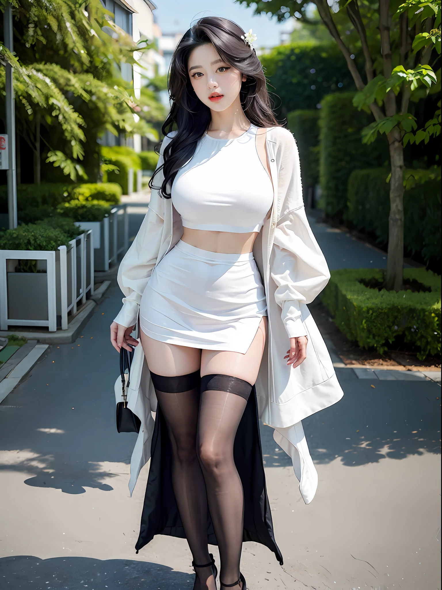 white  clothes,Skirt that wraps hips,black lence stockings,high-heels,Amazing lighting,cinmatic lighting,the street,（best qualtiy， tmasterpiece：1.4）, hoang lap,Ultra-detailed CG 8K， high detal， beauitful face， 详细的脸， 1girll,are standing,， shades， shiny skins， tilt of the head， Stand still， blooms， light particules， depth of fields