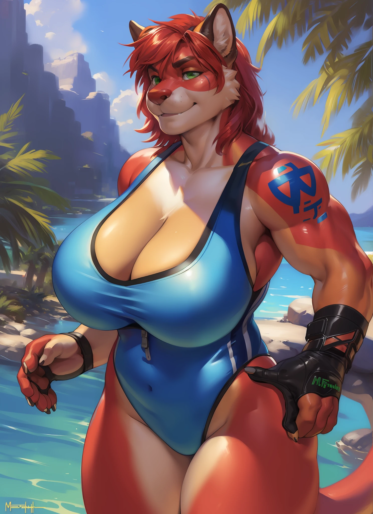 (SFW), furry, anthro, solo, delga, in swimsuit, nice (female), topwear, sports anthro,   glove, green eyes, sports female, red slim body, busty, large breasts, naked,     hi res, bottomwear, tatoo, white vest, redhead,       detailed background, photorealistic, realistic hands, 8k hd, extreme detail, ( wide dynamic range, hdr, ),    (by Pino Daeni, (by meesh), (by fffffolder) ).