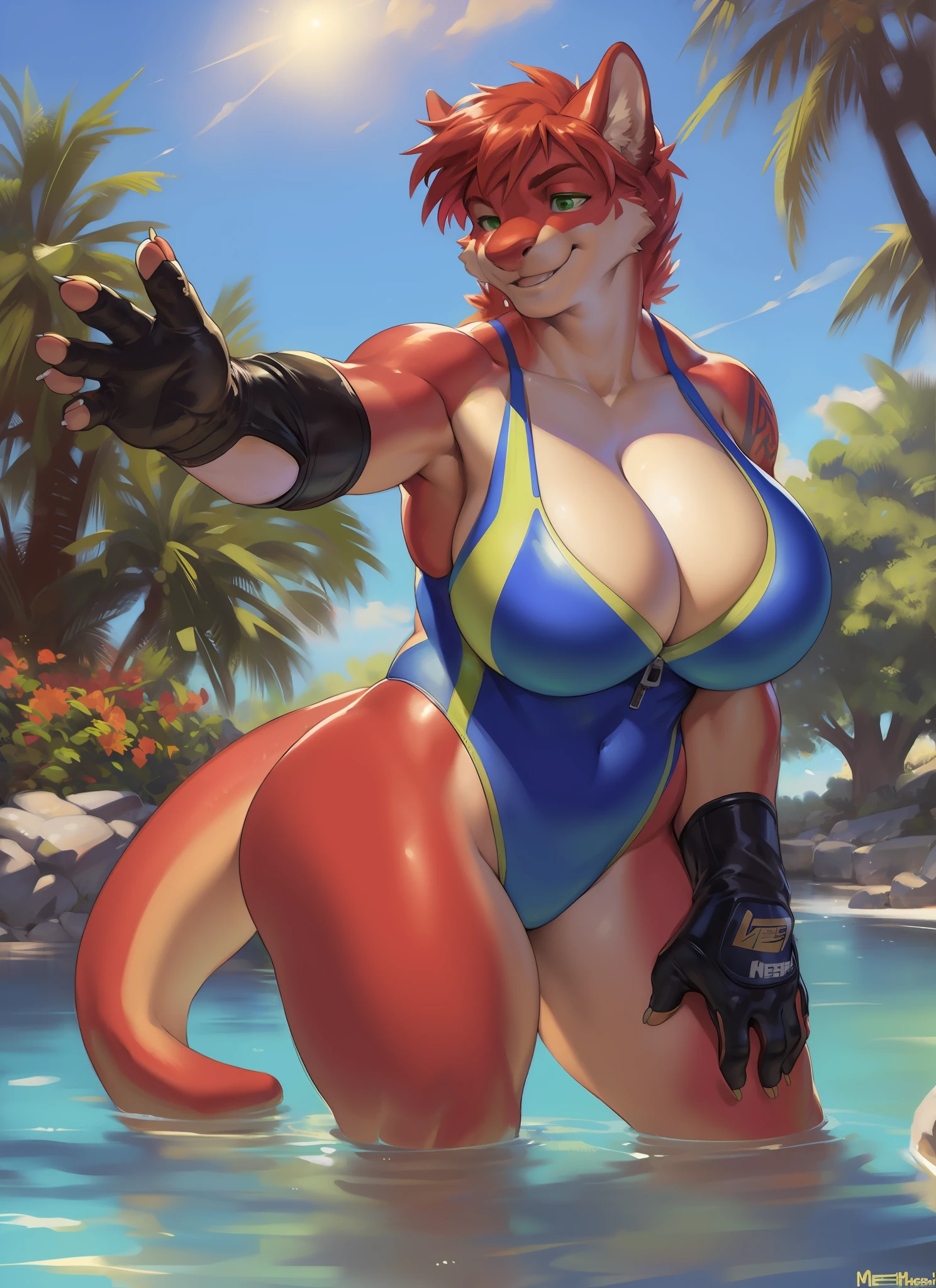 (SFW), furry, anthro, solo, delga, in swimsuit, nice (female), topwear, sports anthro,   glove, green eyes, sports female, red slim body, busty, large breasts, naked,     hi res, bottomwear, tatoo, white vest, redhead,       detailed background, photorealistic, realistic hands, 8k hd, extreme detail, ( wide dynamic range, hdr, ),    (by Pino Daeni, (by meesh), (by fffffolder) ).