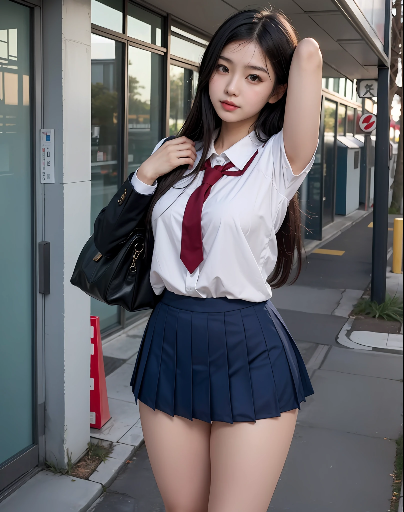 arafed asian woman in a school uniform posing for a picture, a hyperrealistic schoolgirl, hyperrealistic schoolgirl, japanese girl school uniform, japanese school uniform, wearing japanese school uniform, cute schoolgirl, dressed as schoolgirl, realistic schoolgirl, school girl, of a schoolgirl posing, anime girl cosplay, korean girl, girl wearing uniform