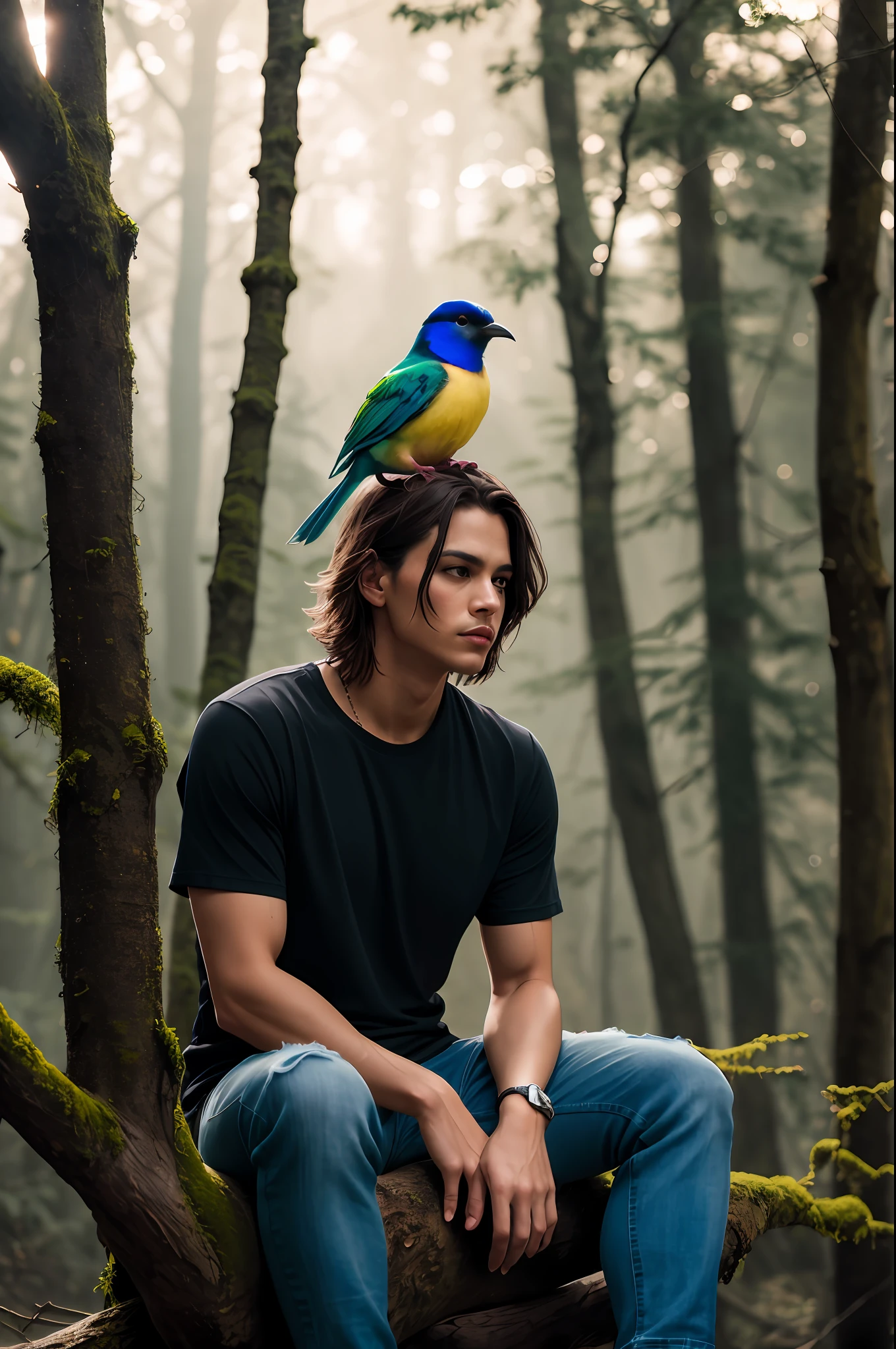 (((colorful bird sitting on a branch, dark mysterious forest, dramatic lighting, dark photo, night))),, best quality, ultra high res, (photorealistic:1.4),, high resolution, detailed, raw photo, sharp re, by lee jeffries nikon d850 film stock photograph 4 kodak portra 400 camera f1.6 lens rich colors hyper realistic lifelike texture dramatic lighting unrealengine trending on artstation cinestill 800,, photorealistic, photo, masterpiece, realistic, realism, photorealism, high contrast, photorealistic digital art trending on Artstation 8k HD high definition detailed realistic, detailed, skin texture, hyper detailed, realistic skin texture, armature, black round neck Tee-shirt, full length tee-shirt, tight jeans, ankle boots