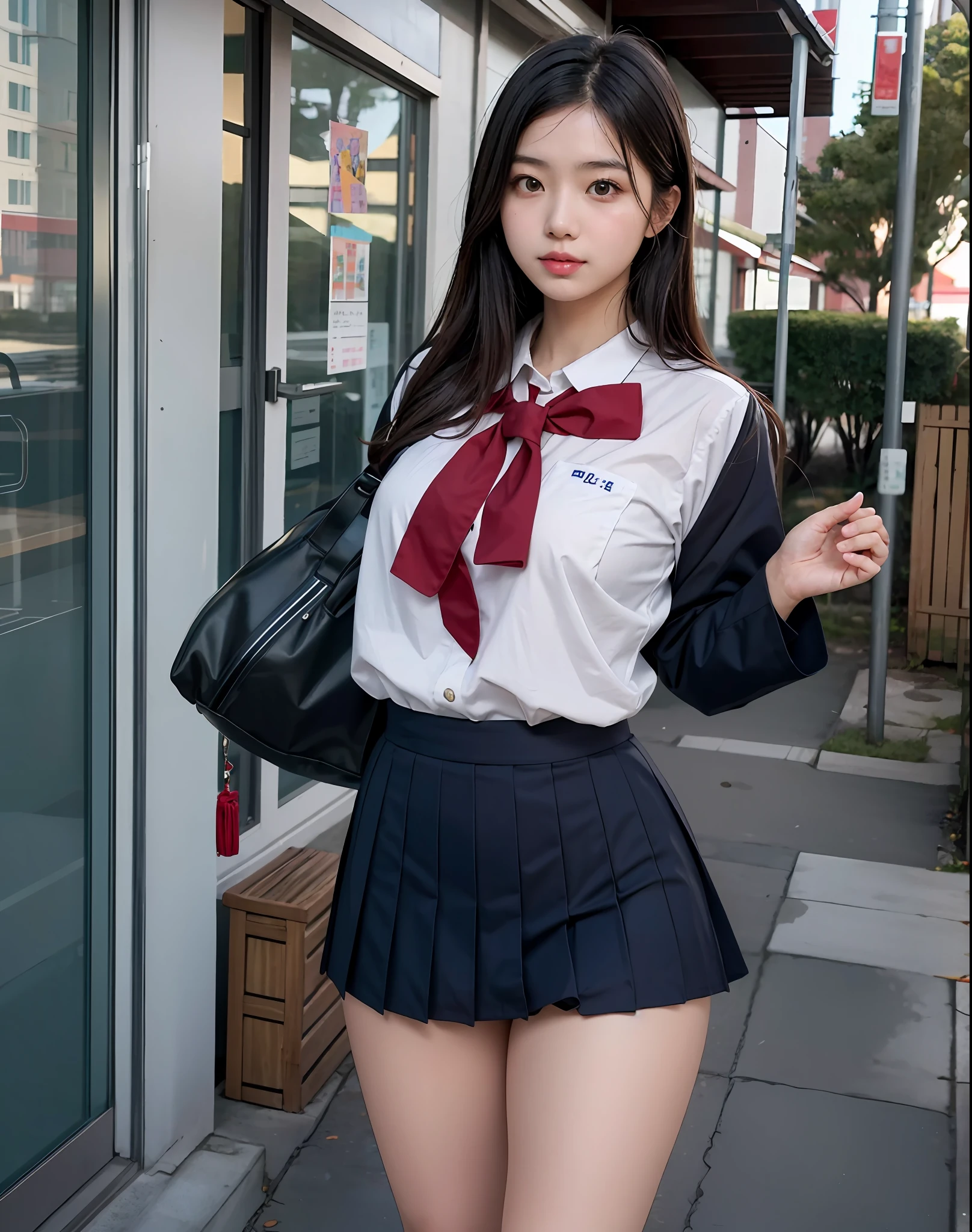 arafed asian woman in a school uniform posing for a picture, a hyperrealistic schoolgirl, hyperrealistic schoolgirl, japanese girl school uniform, japanese school uniform, wearing japanese school uniform, cute schoolgirl, dressed as schoolgirl, realistic schoolgirl, school girl, of a schoolgirl posing, anime girl cosplay, korean girl, girl wearing uniform