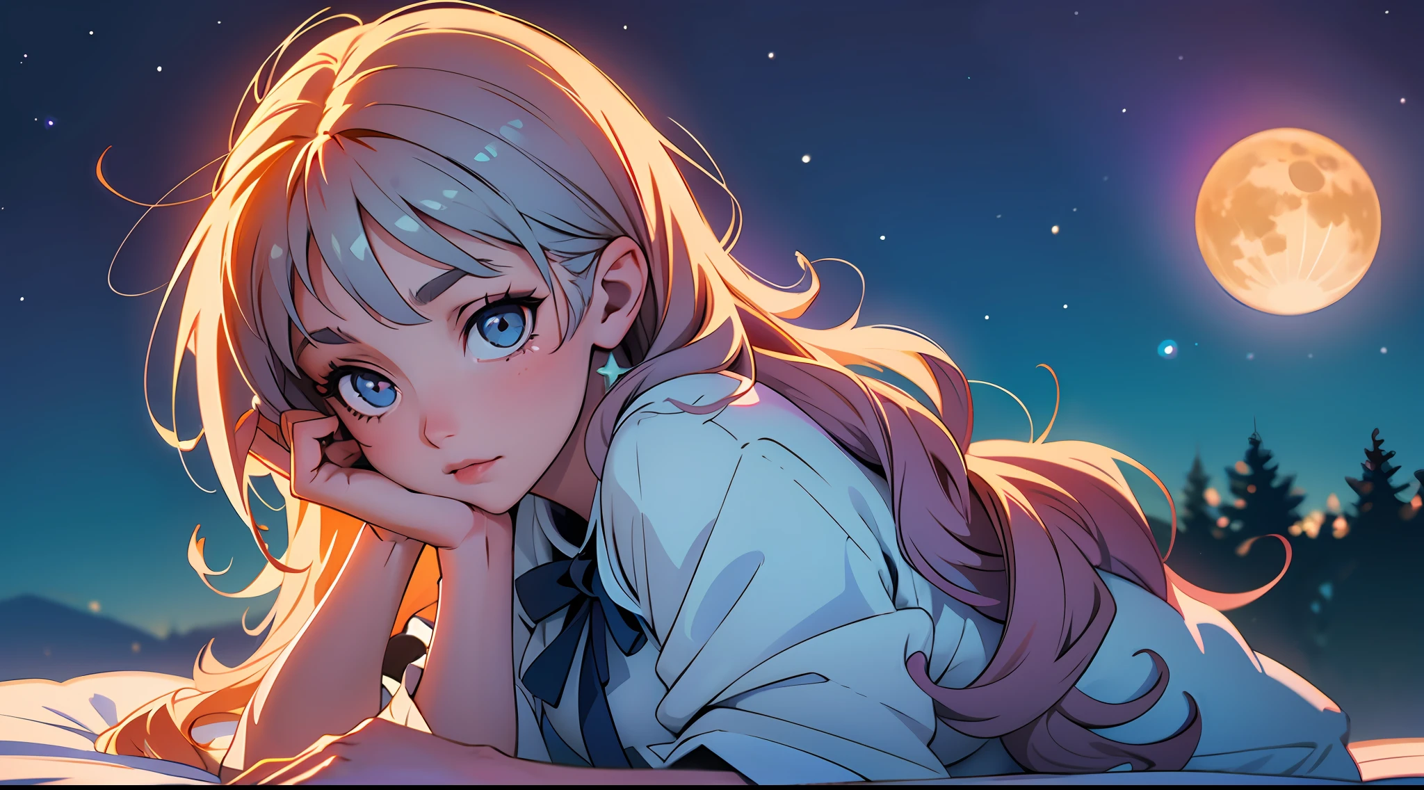high high quality，

A girl lies in bed，realisticlying，softlighting，Extend an arm，raised his hand，Tap the invisible glass with your finger，Put the perspective on your hands，Create a detailed close-up of your hands，A detailed close-up of a hand

Stars and moon in the background，anime vibes，Os amigos，Cute Anime Girls，long whitr hair，Vocals，A high resolution，8k， --auto