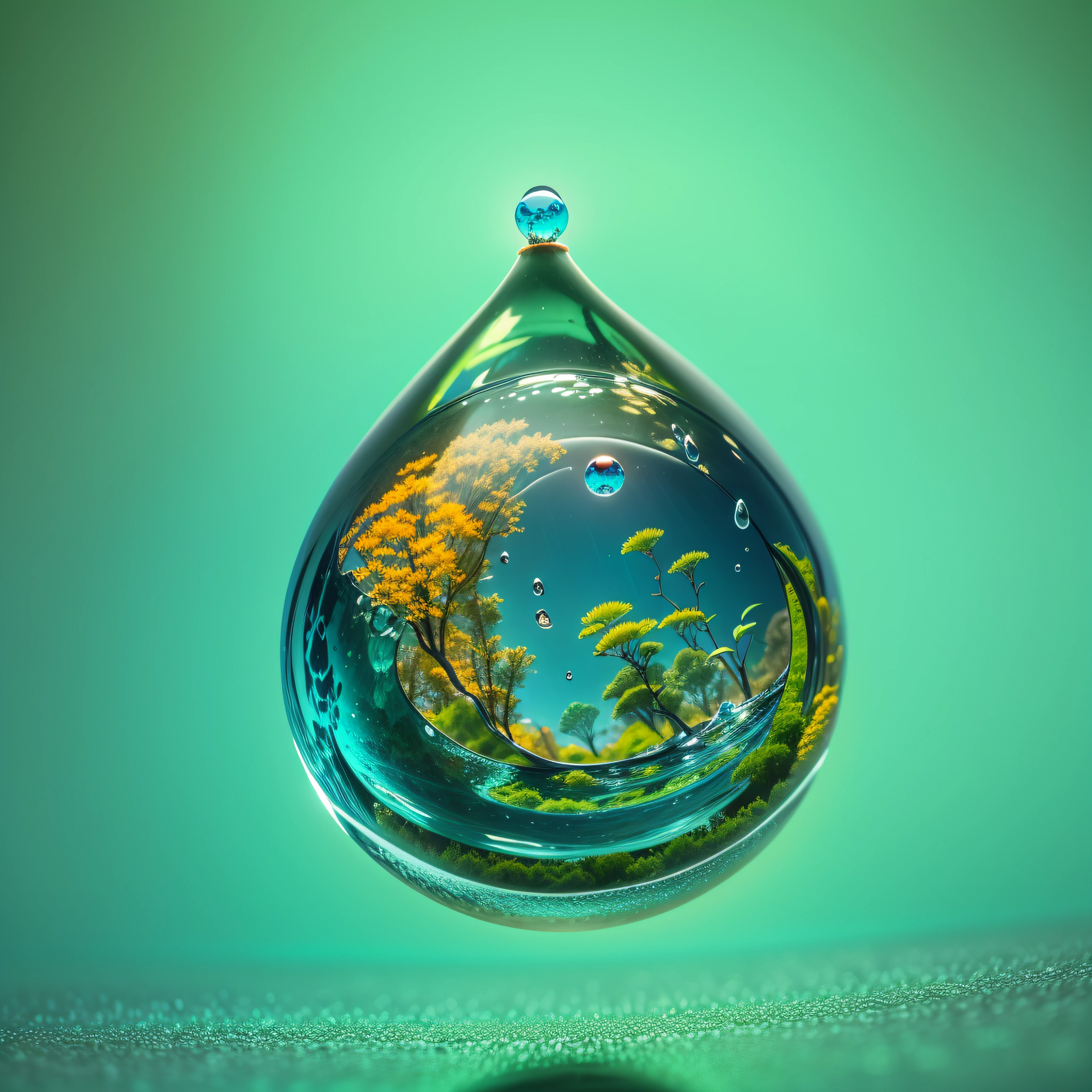 macro photography, Image of planet Earth inside a water drop, droste effect photography, surreal photography, 3d, bright bold colors, bioluminescence