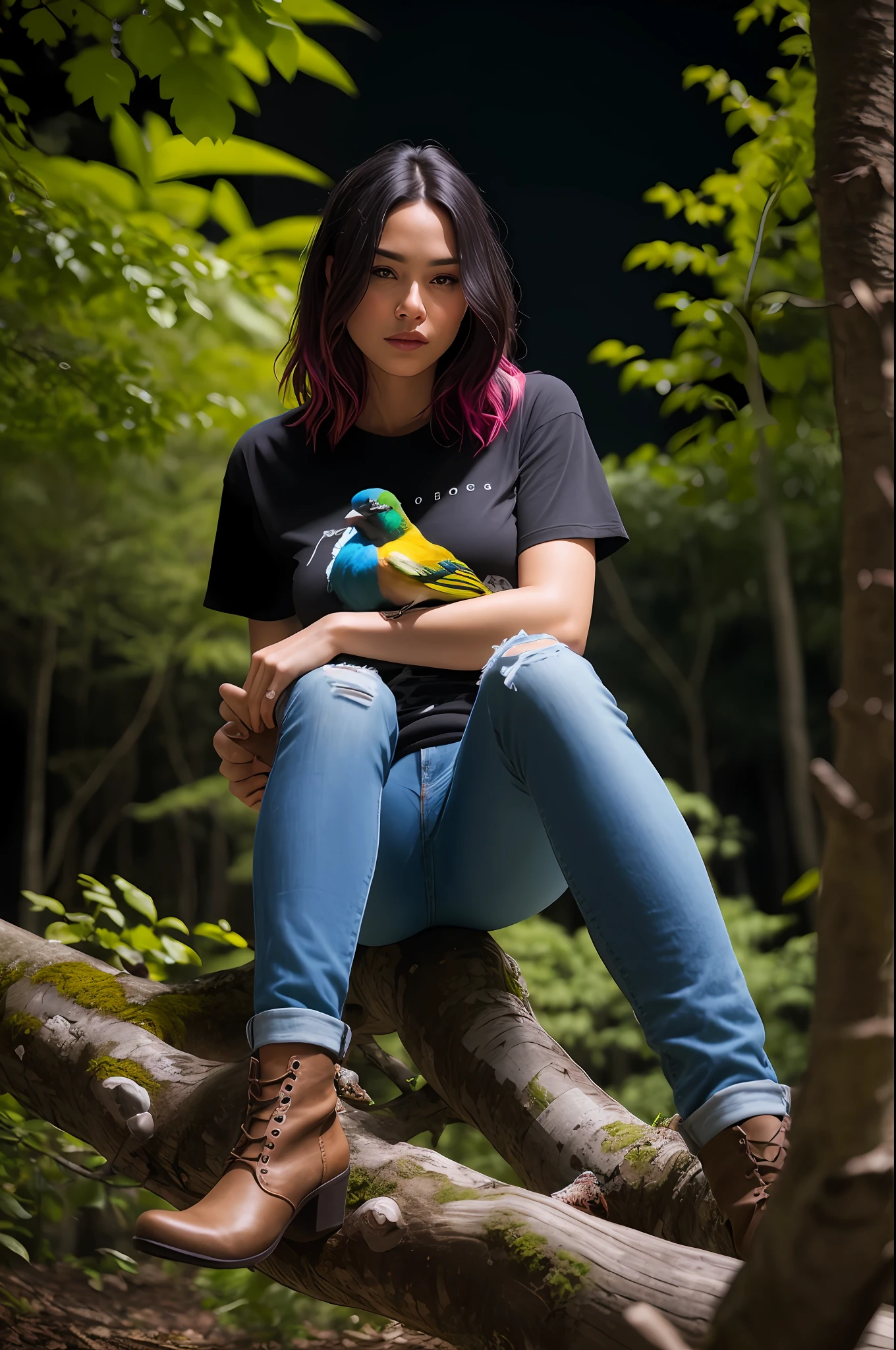 (((colorful bird sitting on a branch, dark mysterious forest, dramatic lighting, dark photo, night))),, best quality, ultra high res, (photorealistic:1.4),, high resolution, detailed, raw photo, sharp re, by lee jeffries nikon d850 film stock photograph 4 kodak portra 400 camera f1.6 lens rich colors hyper realistic lifelike texture dramatic lighting unrealengine trending on artstation cinestill 800,, photorealistic, photo, masterpiece, realistic, realism, photorealism, high contrast, photorealistic digital art trending on Artstation 8k HD high definition detailed realistic, detailed, skin texture, hyper detailed, realistic skin texture, armature, black round neck Tee-shirt, full length tee-shirt, tight jeans, ankle boots