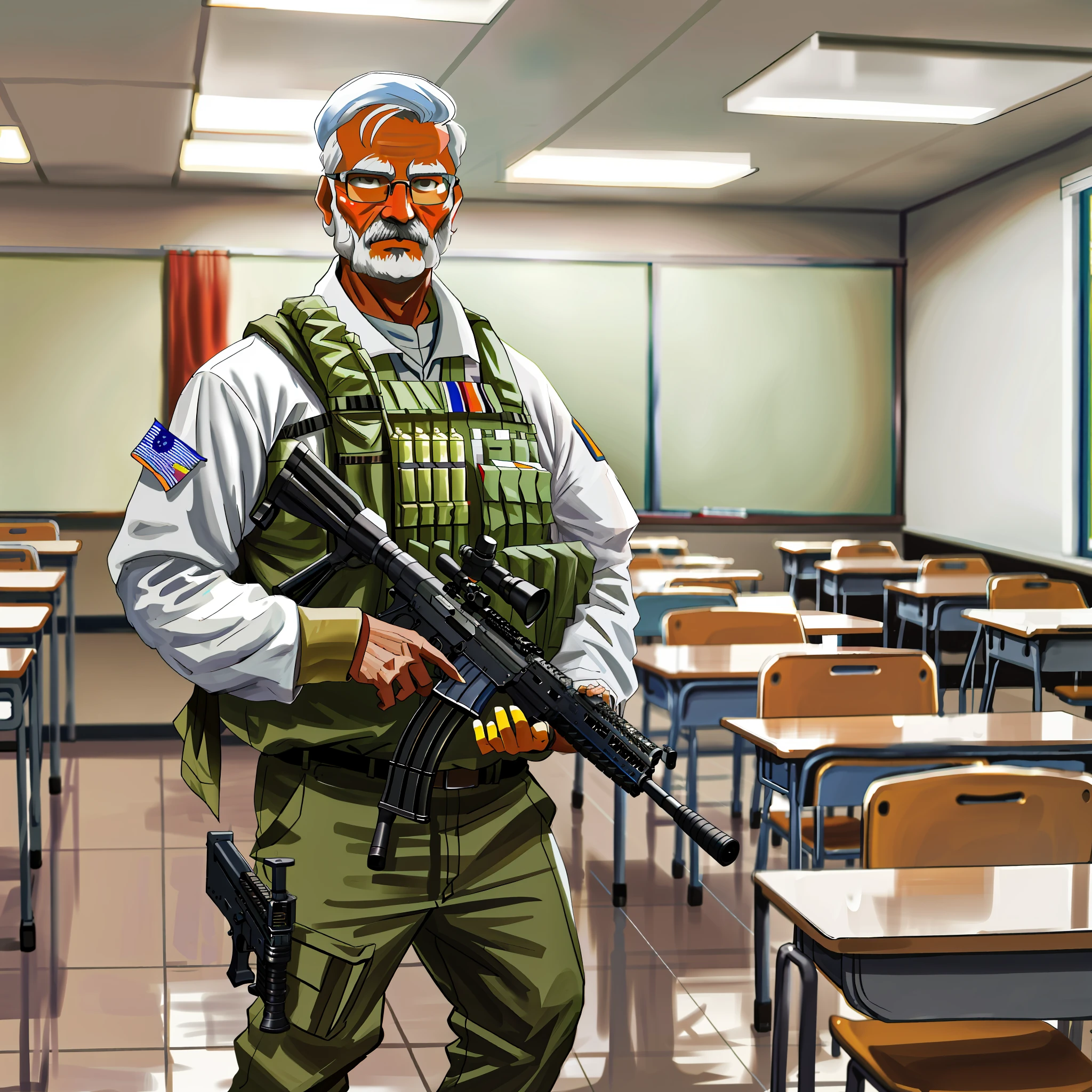 fat Indian college professor standing in class holding a M4 rifle, age 25 years, in classroom, Indian professor, M4 rifle, military