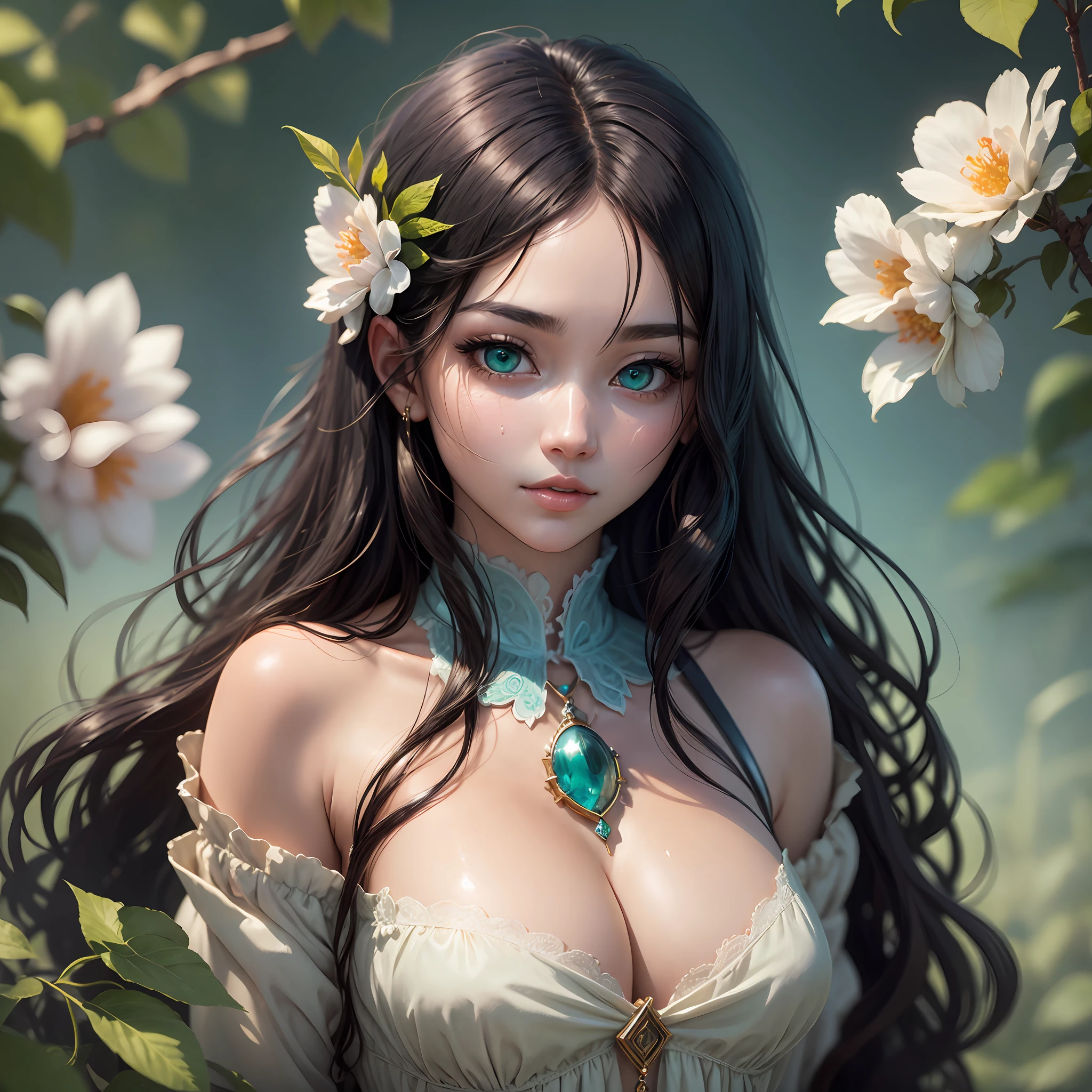 animesque、Clear, moisturized sea green eyes、Beautiful woman like a fashion model、a closeup、portlate、Beautiful, Beautiful black hair without hair ornaments, hight resolution,　top-quality, ​masterpiece, 8k wallpaper、 One Person、Beautiful skin、１７age、