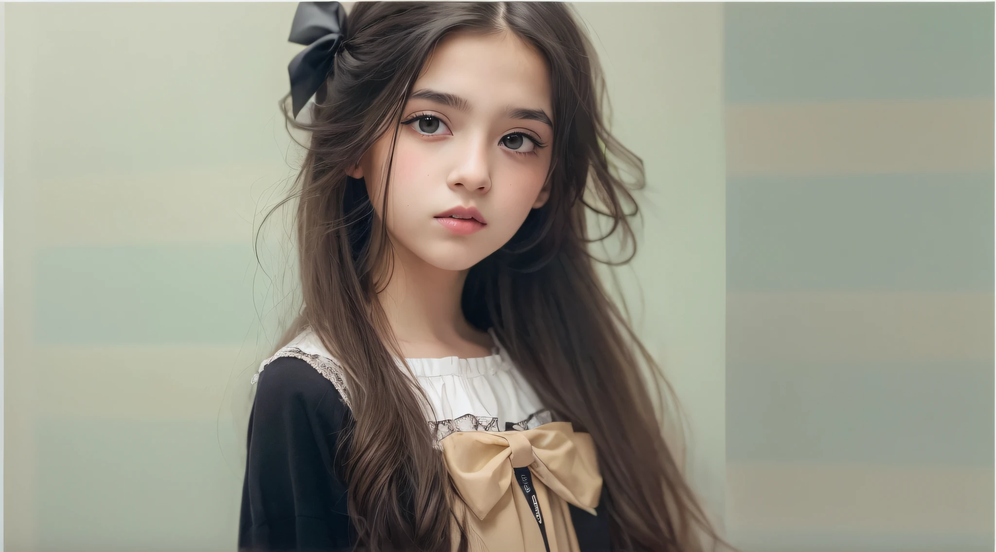 CHILD girl with a black bow and a black dress, girl with dark brown hair, girl with brown hair, black hair ribbons, a beautiful teenager-old, wearing hair bow, young girl, brown hair and big eyes, half-length photo, photo of young woman, young, beautiful girl, she is about 1 6