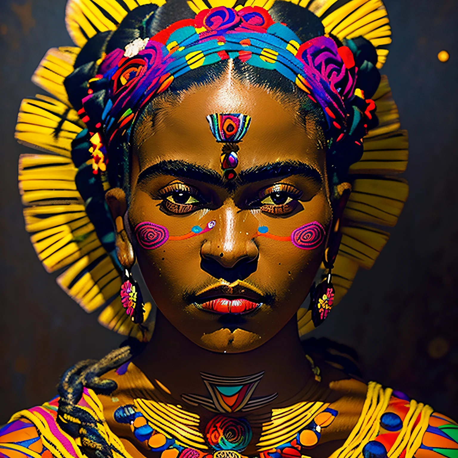 "dark-skinned African girl with intricate tribal body-paint and beautiful ethnic jewelry, depicting the essence of ((Frida Kahlo)) in her expressive painting." --auto