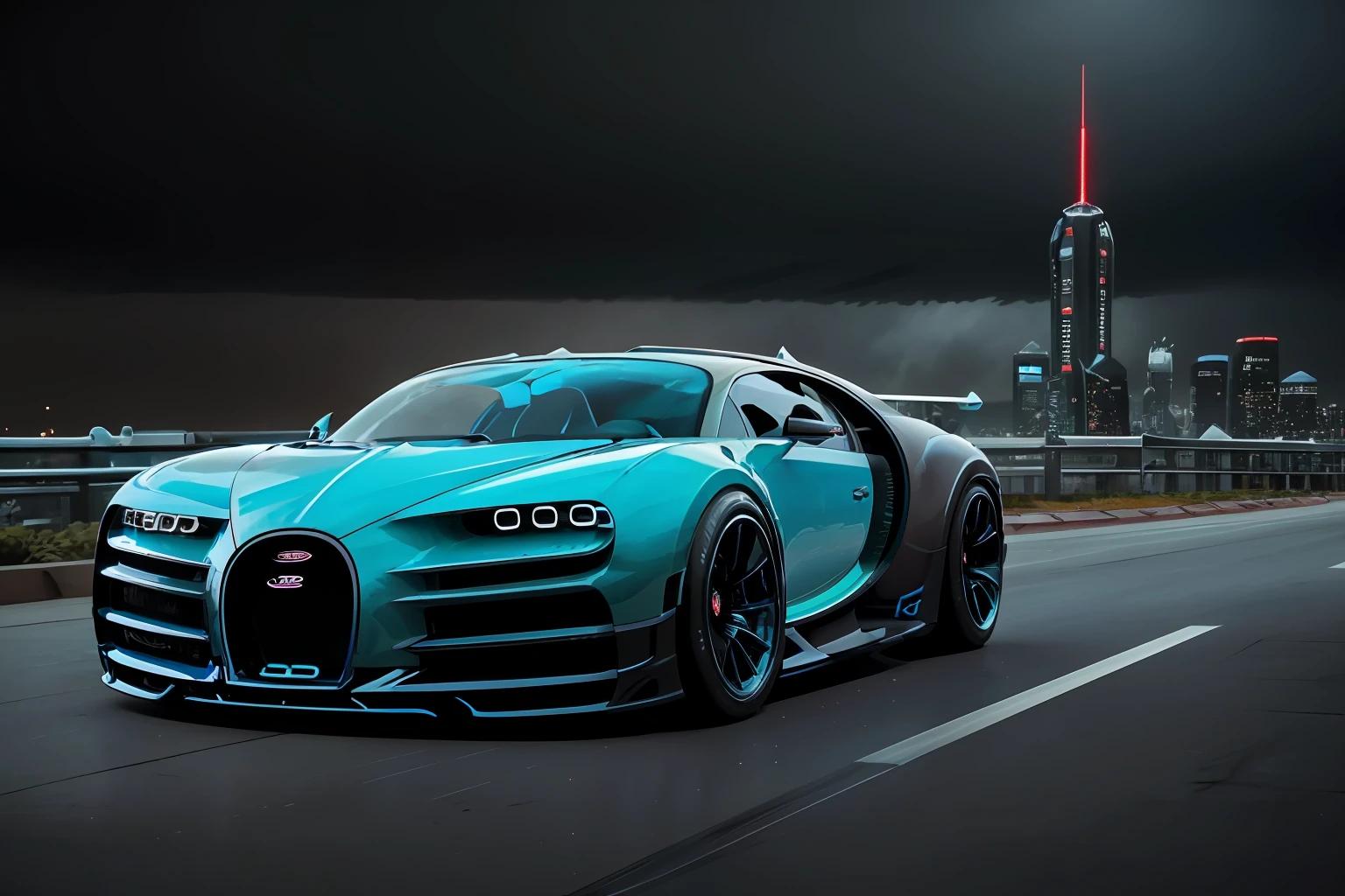 a 3/4 front view of ((futuristic cyberpunk bugatti chiron)) (with glowing tires), neon glow , cyberpunk muscle car, lighting storm in the background, Black and ((dark blue)), in cyberpunk city, ((badass)) bugatti chiron