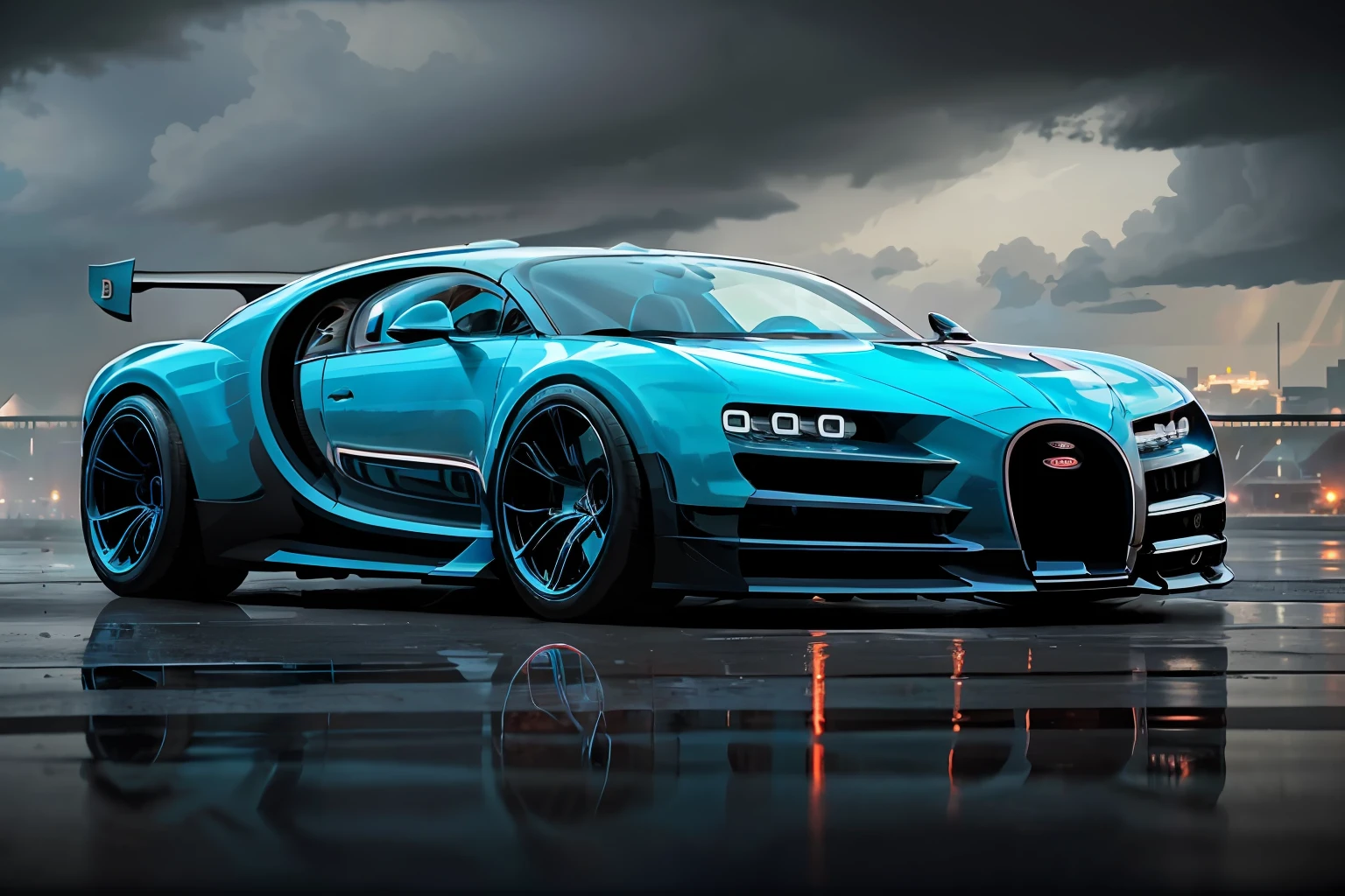 a 3/4 front view of ((futuristic cyberpunk bugatti chiron)) (with glowing tires), neon glow , cyberpunk muscle car, lighting storm in the background, Black and ((dark blue)), in cyberpunk city, ((badass)) bugatti chiron