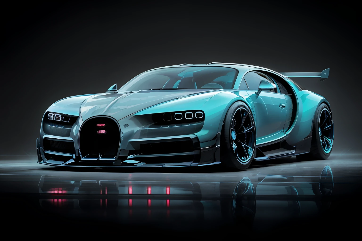 a 3/4 front view of ((futuristic cyberpunk bugatti chiron)) (with glowing tires), neon glow , cyberpunk muscle car, lighting storm in the background, Black and ((dark blue)), in cyberpunk city, ((badass)) bugatti chiron