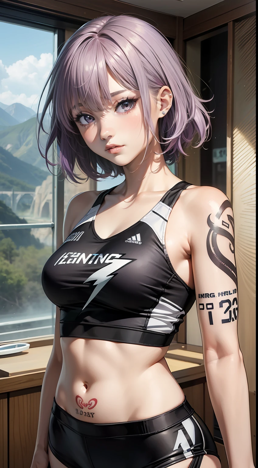 (masterpiece:1.3)、(top-quality)、(in 8K,4K),(Intricate details)、reallistic、(1girl in:1.8)、独奏、((jersey))、20yr old、short-cut、purple color hair、eyes are brown、((University Athletics))、Active、Height 163cm、slim figure,(Lightning tattoo:1.2)、 (Practicing on the track of athletics)、Hobbies are mountain climbing and picnics,Interested in cooking and baking.、I like early morning walks