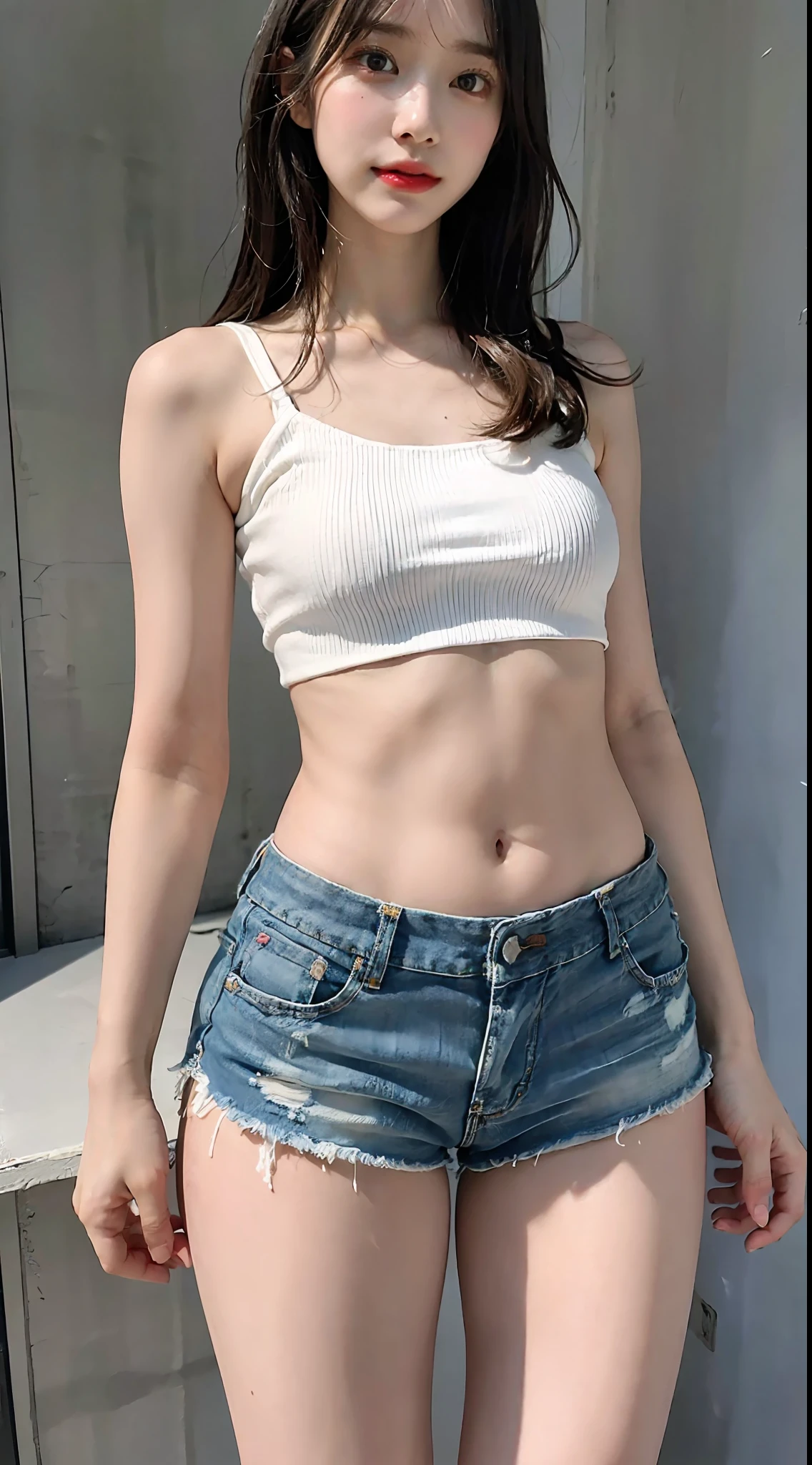 Girl posing in white low cut super short tank top and tight denim shorts、full body Esbian、Cropped tank top、bra very、Slim body、a large bust、Slim Girl Model、24歳の女性モデル、Beautiful body Facing the front Navel out Show all lower abdomen showing a beautiful belly Too torn denim shorts Shabby denim shorts Thigh exposure Very small camisole in shabby Very short small camisole Denim shorts that are too short You can see all the shapes of your genitals The shape of the genitals is perfectly visible Small denim shorts with only thin strings Low-rise denim shorts genitals are visible Show more lower abdomen An ultra-high picture quality The ultra -The high-definition 8K Scanty Shorts