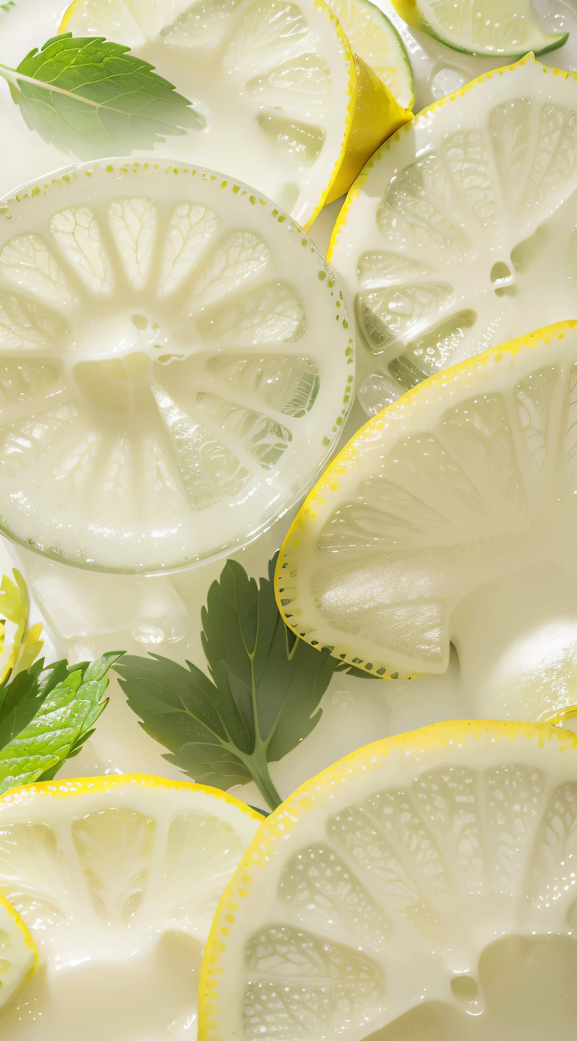 The seamless background image covers a lot (Eau, ice cubes, lemons, Mint), seamless background, Warm light source, Light green style, award - winning wallpaper, Ultra HD, yellow accent, Ultra HD, Vivid colors, natural forms, fantastic tones, Realistic photos Realistic details, Realistic contour relationships, high resolution, shot with Hasselblad camera, ISO 100, an award winning photograph, Color rating, high - end retouching, Top view, 16k, Advertising photography, commerciaphotography, Extreme close-up, Perfectcomposition，The feeling of transparent color，真实感，超高分辨率