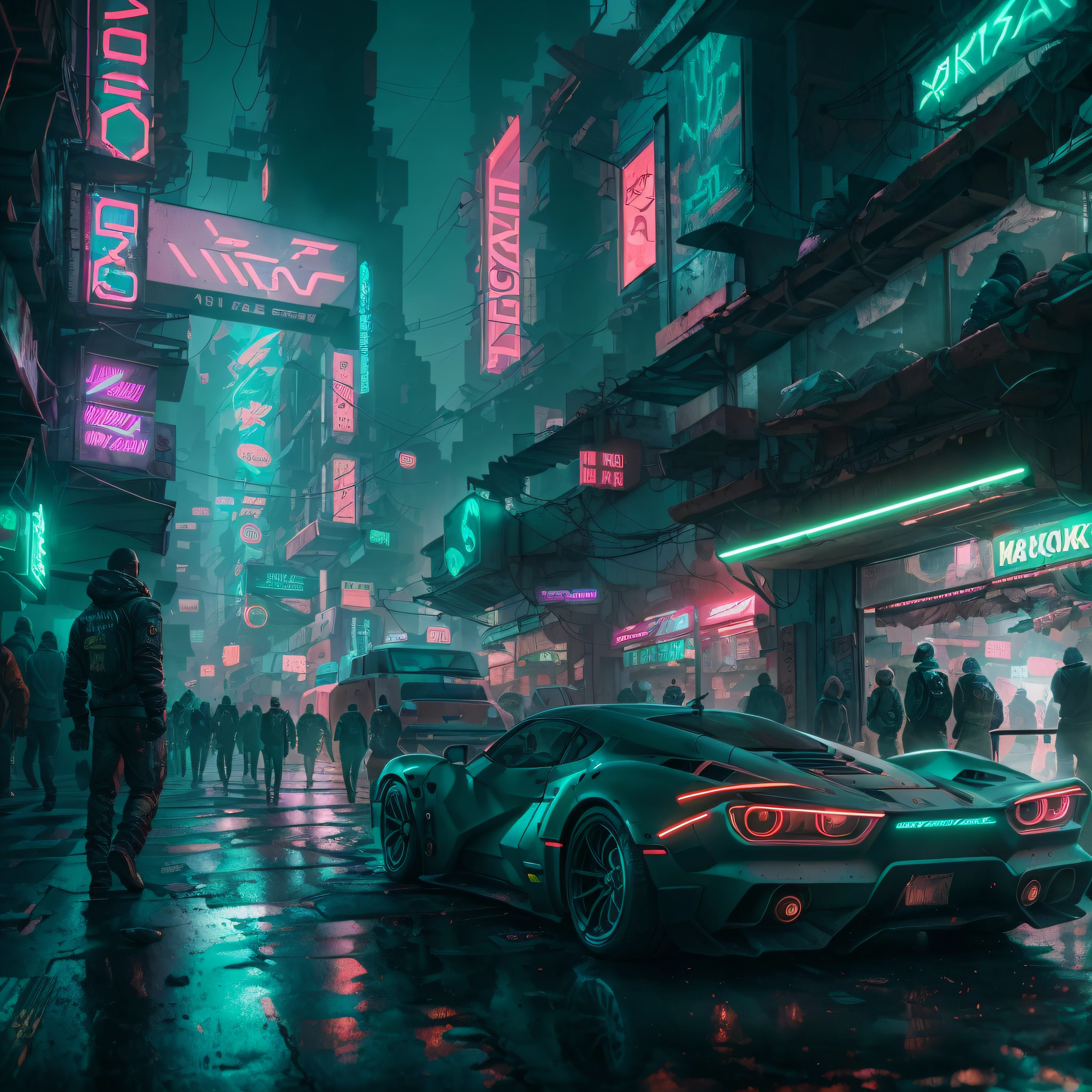 Detailed complex cyberpunk city inspired by 'blade runner' movie with a vast world of metal and neon lights in cyberpunk style with people walking along sidewalks and streets populated with futuristic sports cars, photorealistic style, razor-sharp in 4K ray tracing, - a masterpiece of photorealism. --auto