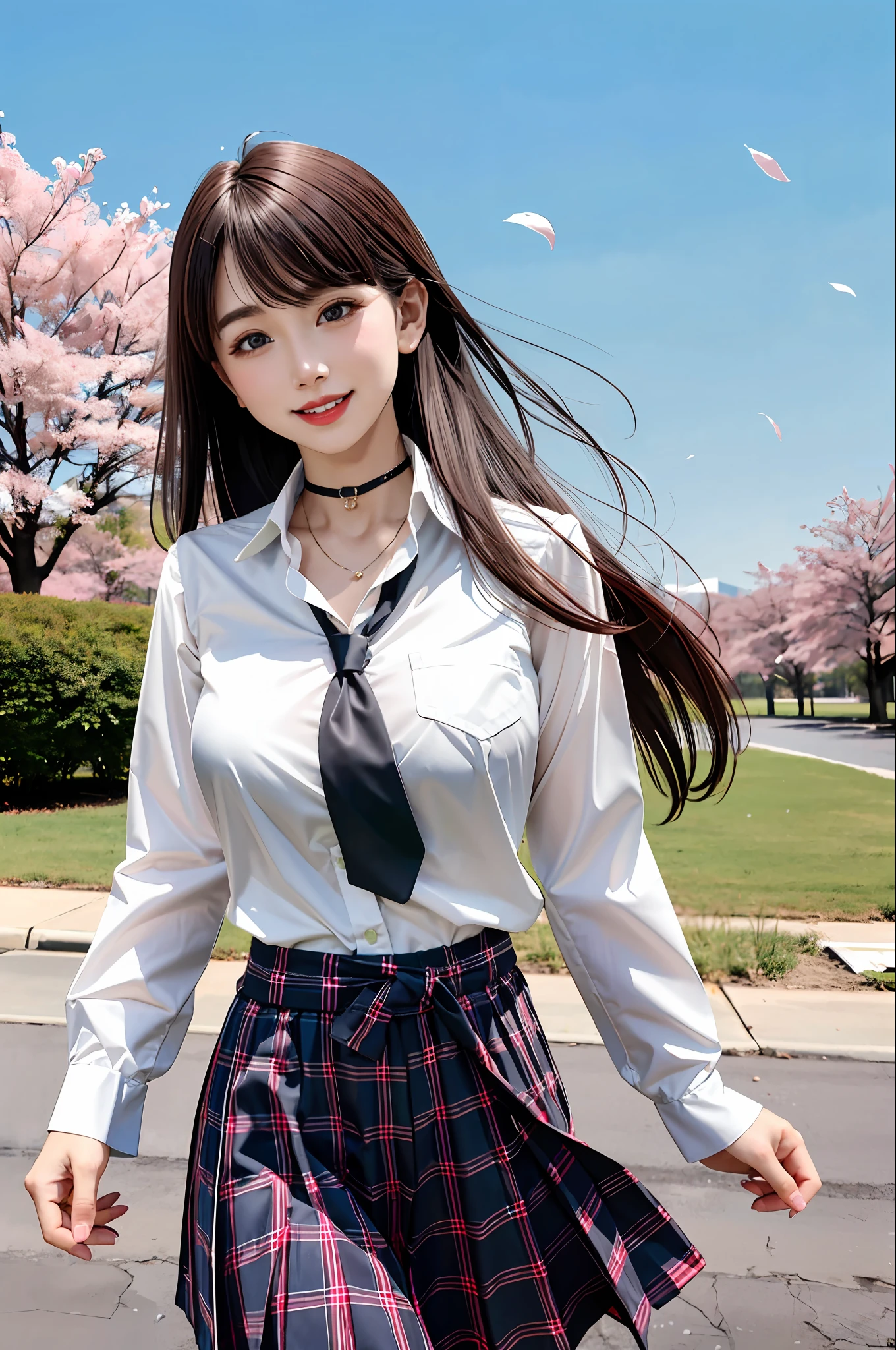 masterpiece, best quality, full body, 1girl, bangs, black choker, black necktie, black hair, blue skirt, blush, bracelet, breasts, choker, clothes around waist, collarbone, collared shirt, cowboy shot, dress shirt, ear piercing, eyebrows visible through hair, gradient hair, grin, gyaru, jewelry, kogal, long hair, looking at viewer, loose necktie, necktie, piercing, plaid, plaid skirt, pleated skirt, red eyes, ring, school uniform, shirt, skirt, smile, solo, white shirt, street, sky, cherry blossoms, petals,illustration, (magazine:1.3), (cover-style:1.3), fashionable, woman, vibrant, outfit, posing, front, colorful, dynamic, background, elements, confident, expression, holding, statement, accessory, majestic, coiled, around, touch, scene, text, cover, bold, attention-grabbing, title, stylish, font, catchy, headline, larger, striking, modern, trendy, focus, fashion,