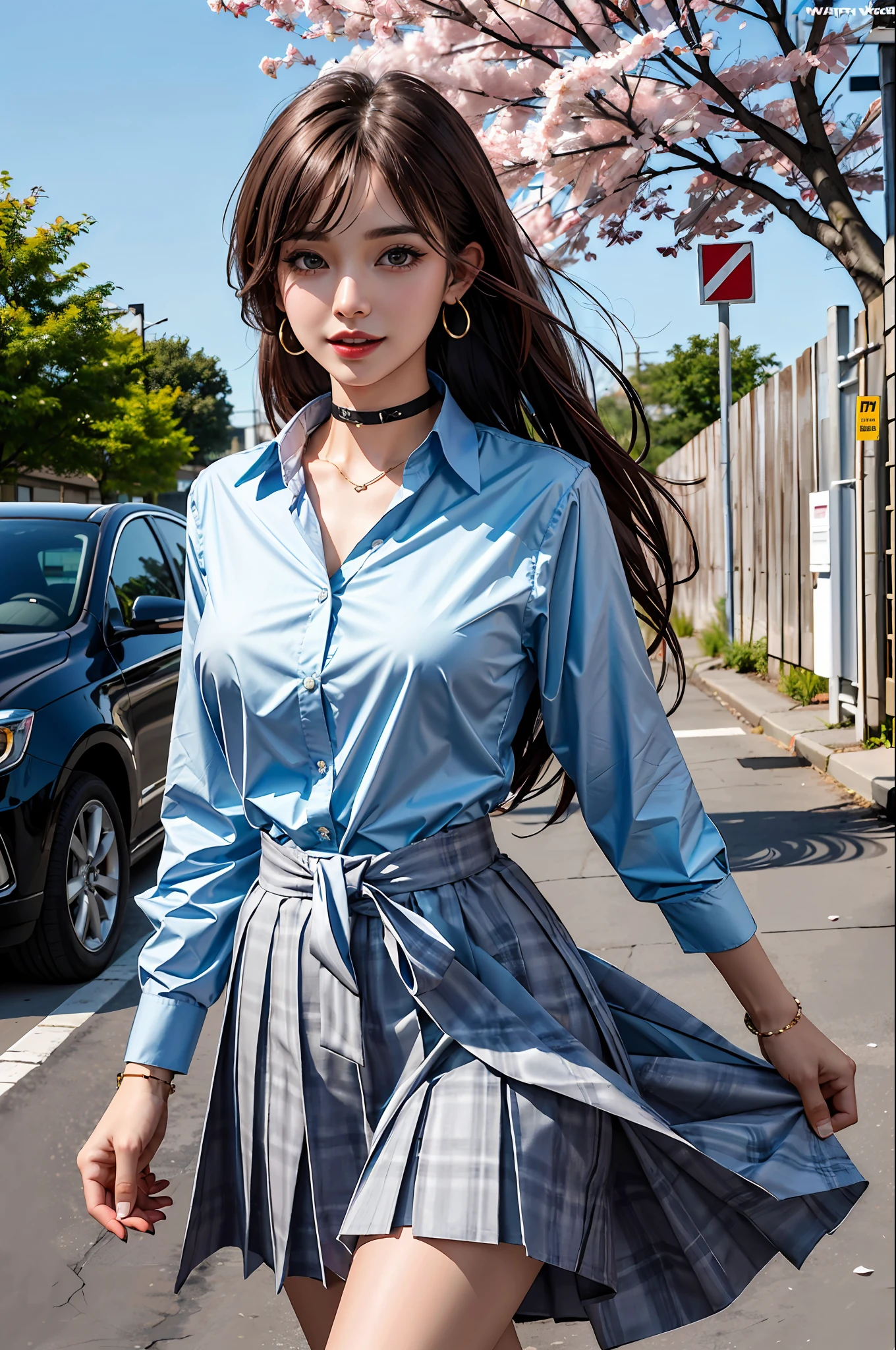 masterpiece, best quality, full body, 1girl, bangs, black choker, black necktie, black hair, blue skirt, blush, bracelet, breasts, choker, clothes around waist, collarbone, collared shirt, cowboy shot, dress shirt, ear piercing, eyebrows visible through hair, gradient hair, grin, gyaru, jewelry, kogal, long hair, looking at viewer, loose necktie, necktie, piercing, plaid, plaid skirt, pleated skirt, red eyes, ring, school uniform, shirt, skirt, smile, solo, white shirt, street, sky, cherry blossoms, petals,illustration, (magazine:1.3), (cover-style:1.3), fashionable, woman, vibrant, outfit, posing, front, colorful, dynamic, background, elements, confident, expression, holding, statement, accessory, majestic, coiled, around, touch, scene, text, cover, bold, attention-grabbing, title, stylish, font, catchy, headline, larger, striking, modern, trendy, focus, fashion,