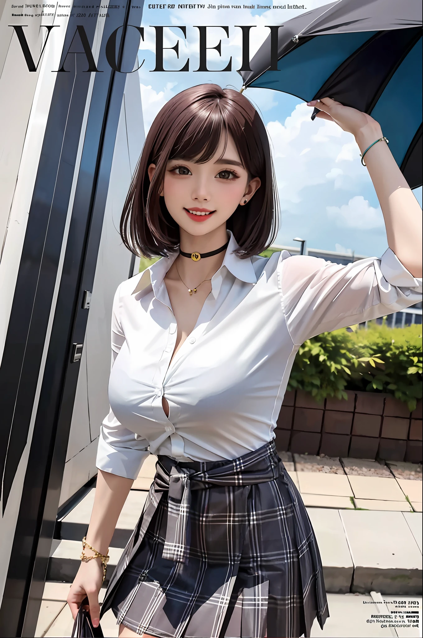 masterpiece, best quality, full body, 1girl, bangs, black choker, black necktie, black hair, blue skirt, blush, bracelet, breasts, choker, clothes around waist, collarbone, collared shirt, cowboy shot, dress shirt, ear piercing, eyebrows visible through hair, gradient hair, grin, gyaru, jewelry, kogal, long hair, looking at viewer, loose necktie, necktie, piercing, plaid, plaid skirt, pleated skirt, red eyes, ring, school uniform, shirt, skirt, smile, solo, white shirt, street, sky, cherry blossoms, petals,illustration, (magazine:1.3), (cover-style:1.3), fashionable, woman, vibrant, outfit, posing, front, colorful, dynamic, background, elements, confident, expression, holding, statement, accessory, majestic, coiled, around, touch, scene, text, cover, bold, attention-grabbing, title, stylish, font, catchy, headline, larger, striking, modern, trendy, focus, fashion,