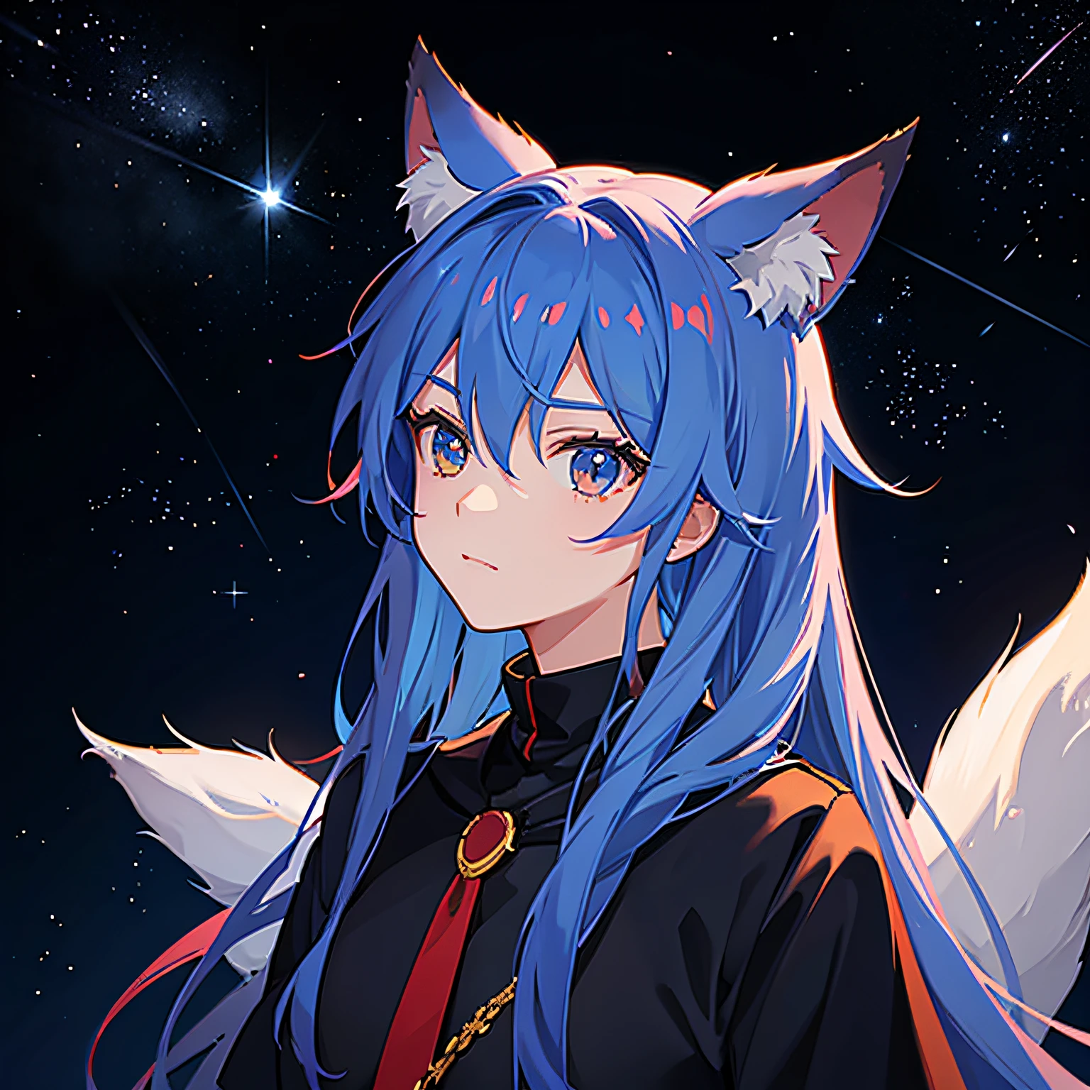 "starryskybackground，Arc-shaped meteor in the upper left corner，furry，red fox，Sky blue hair" --auto