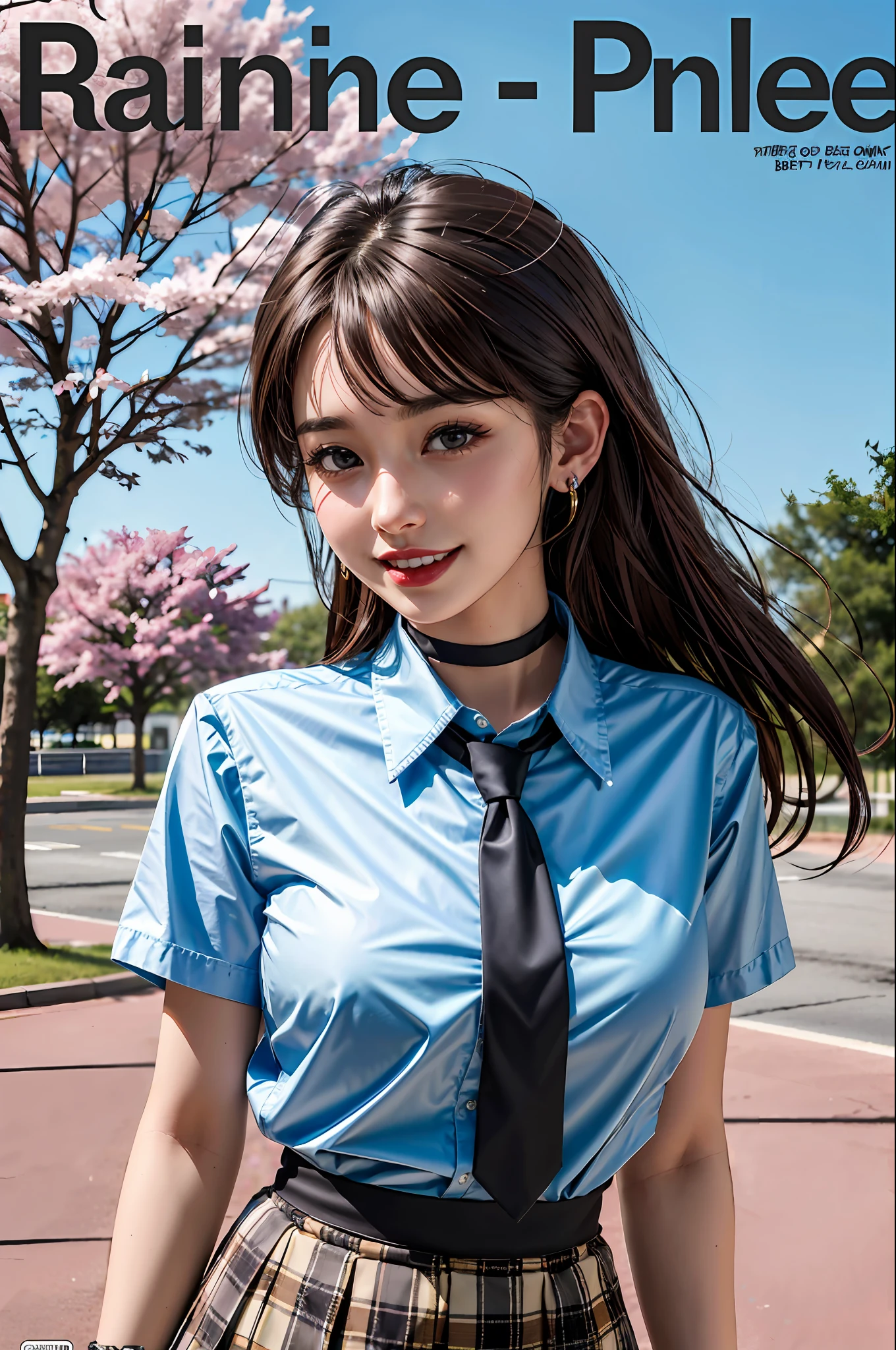 masterpiece, best quality, full body, 1girl, bangs, black choker, black necktie, black hair, blue skirt, blush, bracelet, breasts, choker, clothes around waist, collarbone, collared shirt, cowboy shot, dress shirt, ear piercing, eyebrows visible through hair, gradient hair, grin, gyaru, jewelry, kogal, long hair, looking at viewer, loose necktie, necktie, piercing, plaid, plaid skirt, pleated skirt, red eyes, ring, school uniform, shirt, skirt, smile, solo, white shirt, street, sky, cherry blossoms, petals,illustration, (magazine:1.3), (cover-style:1.3), fashionable, woman, vibrant, outfit, posing, front, colorful, dynamic, background, elements, confident, expression, holding, statement, accessory, majestic, coiled, around, touch, scene, text, cover, bold, attention-grabbing, title, stylish, font, catchy, headline, larger, striking, modern, trendy, focus, fashion,