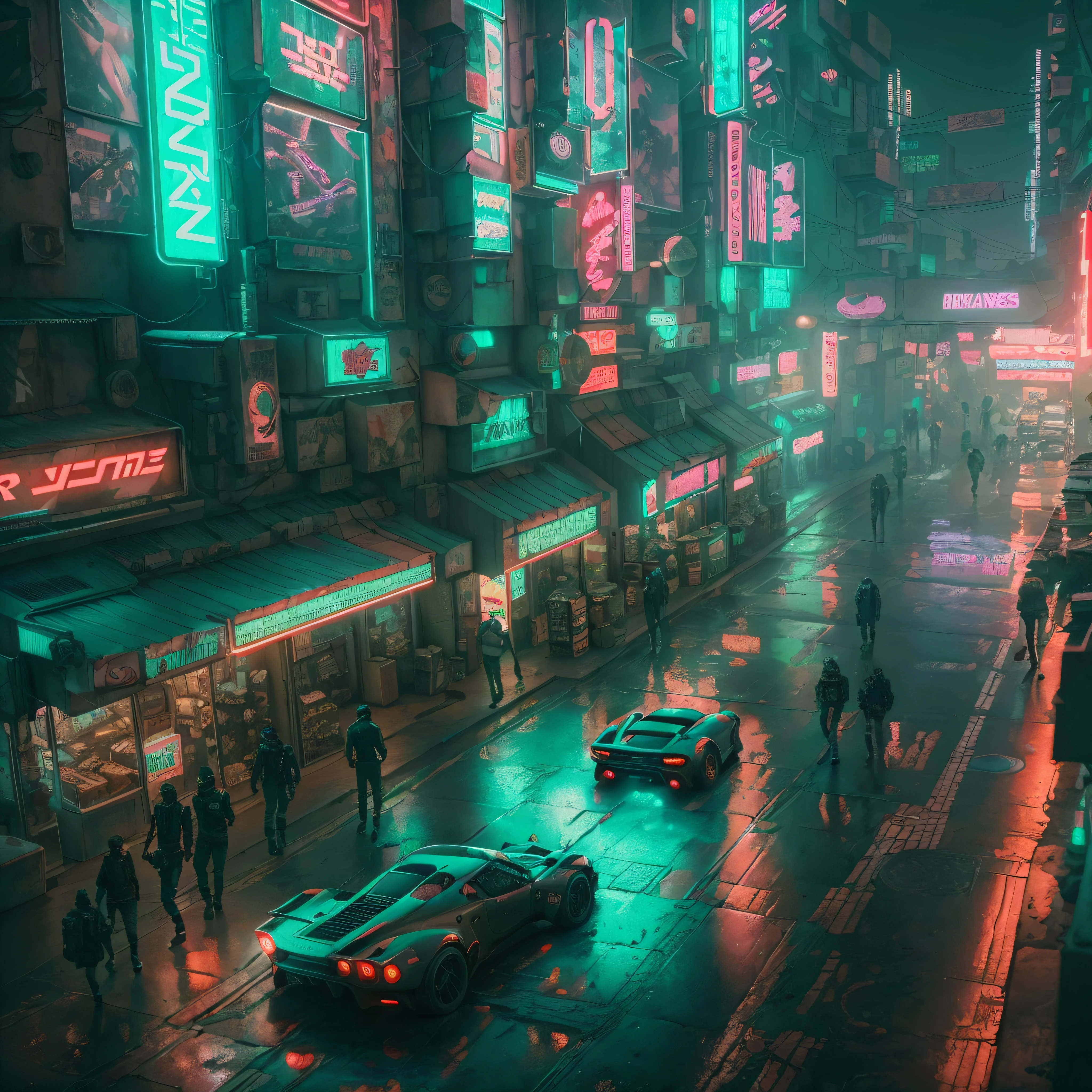 Detailed complex cyberpunk city inspired by 'blade runner' movie with a vast world of metal and neon lights in cyberpunk style with people walking along sidewalks and streets populated with futuristic sports cars, photorealistic style, razor-sharp in 4K ray tracing, - a masterpiece of photorealism. --auto