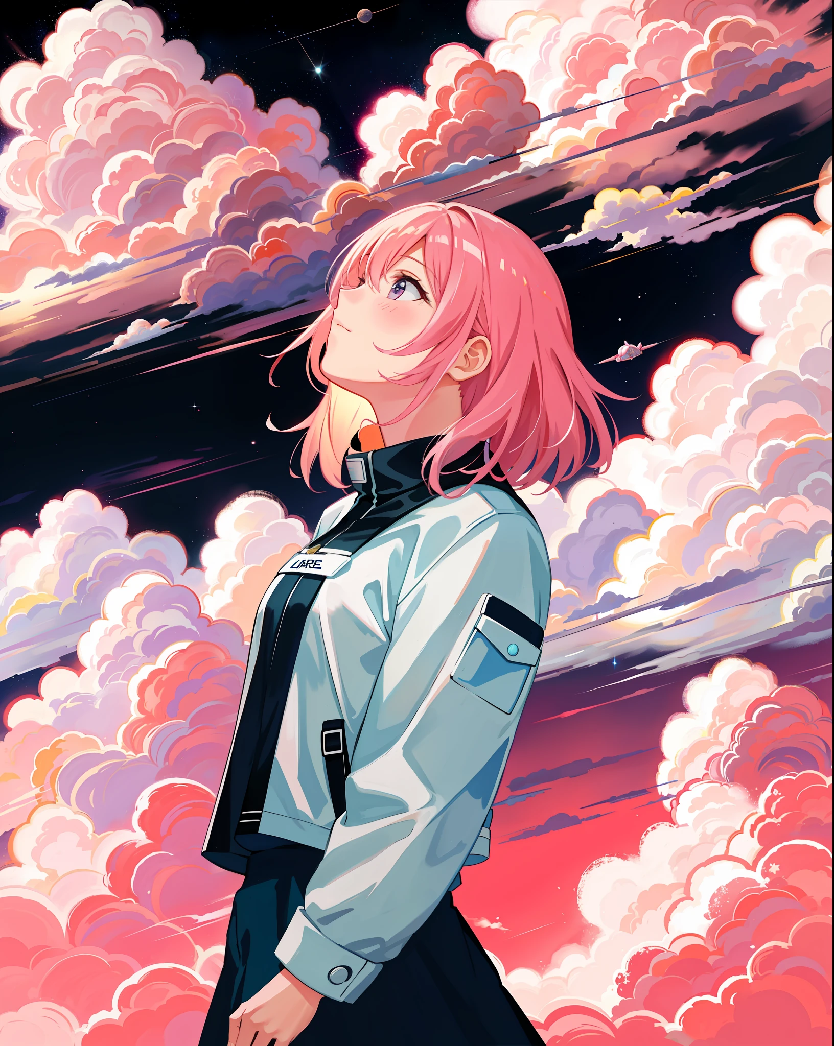 space cadet girl, ((evening sky)), pink clouds, landscape