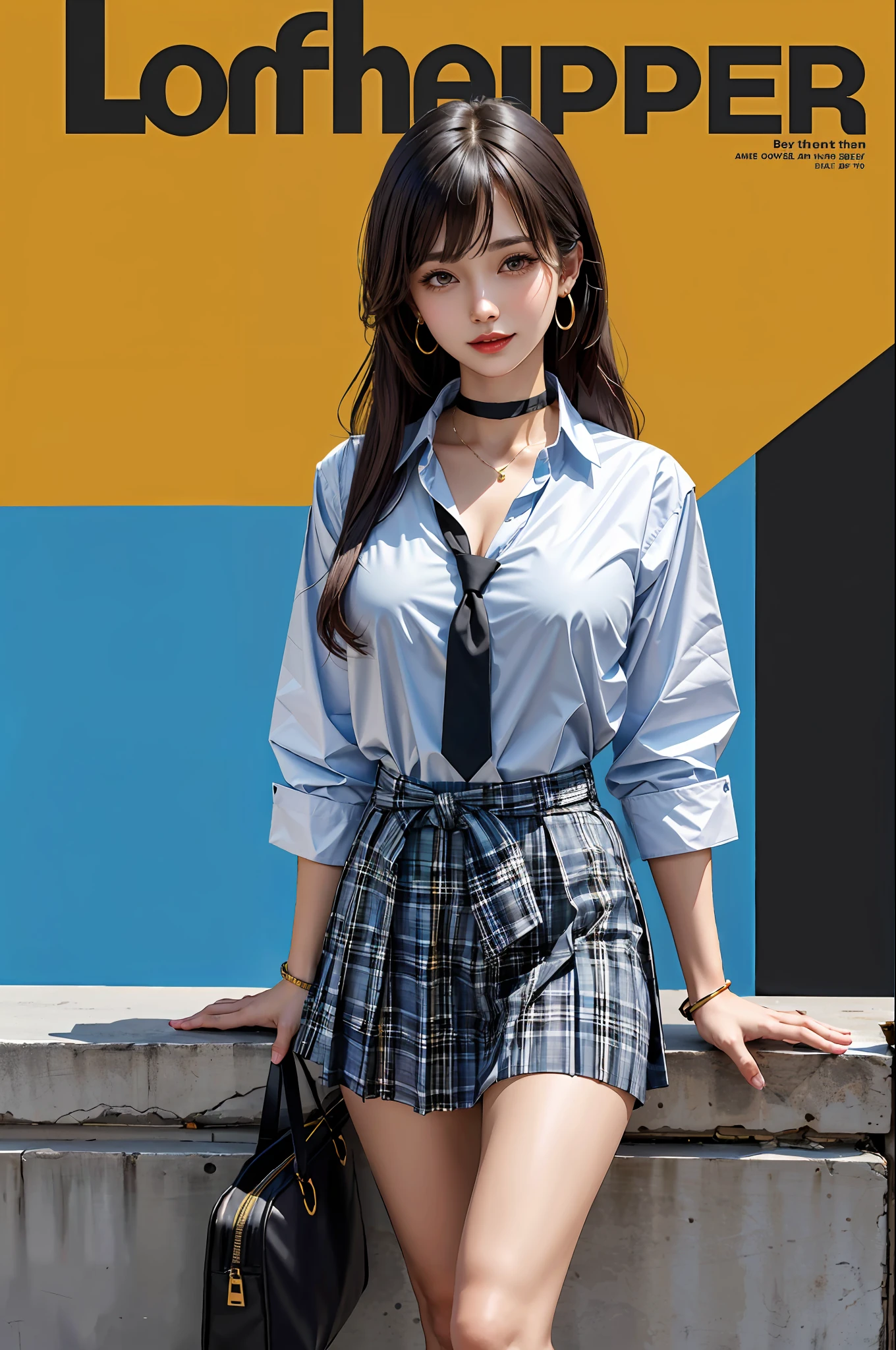 masterpiece, best quality, full body, 1girl, bangs, black choker, black necktie, black hair, blue skirt, blush, bracelet, breasts, choker, clothes around waist, collarbone, collared shirt, cowboy shot, dress shirt, ear piercing, eyebrows visible through hair, gradient hair, grin, gyaru, jewelry, kogal, long hair, looking at viewer, loose necktie, necktie, piercing, plaid, plaid skirt, pleated skirt, red eyes, ring, school uniform, shirt, skirt, smile, solo, white shirt, street, sky, cherry blossoms, petals,illustration, (magazine:1.3), (cover-style:1.3), fashionable, woman, vibrant, outfit, posing, front, colorful, dynamic, background, elements, confident, expression, holding, statement, accessory, majestic, coiled, around, touch, scene, text, cover, bold, attention-grabbing, title, stylish, font, catchy, headline, larger, striking, modern, trendy, focus, fashion,