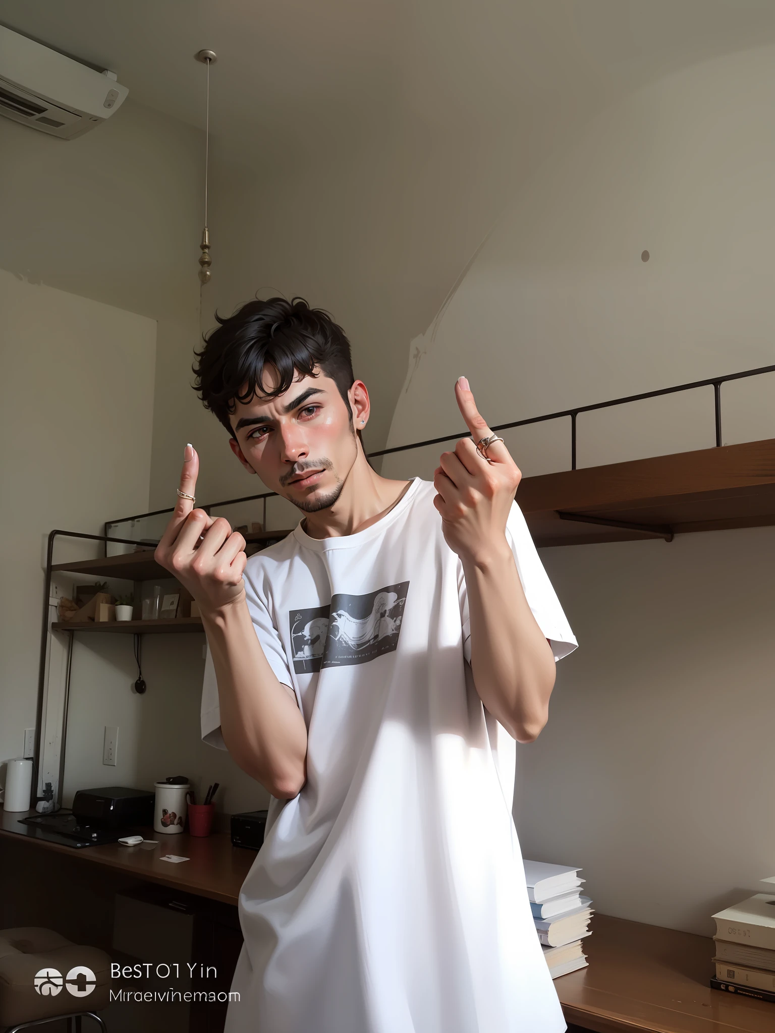 The man holds his middle finger with both hands,Best quality at best,More details,tmasterpiece