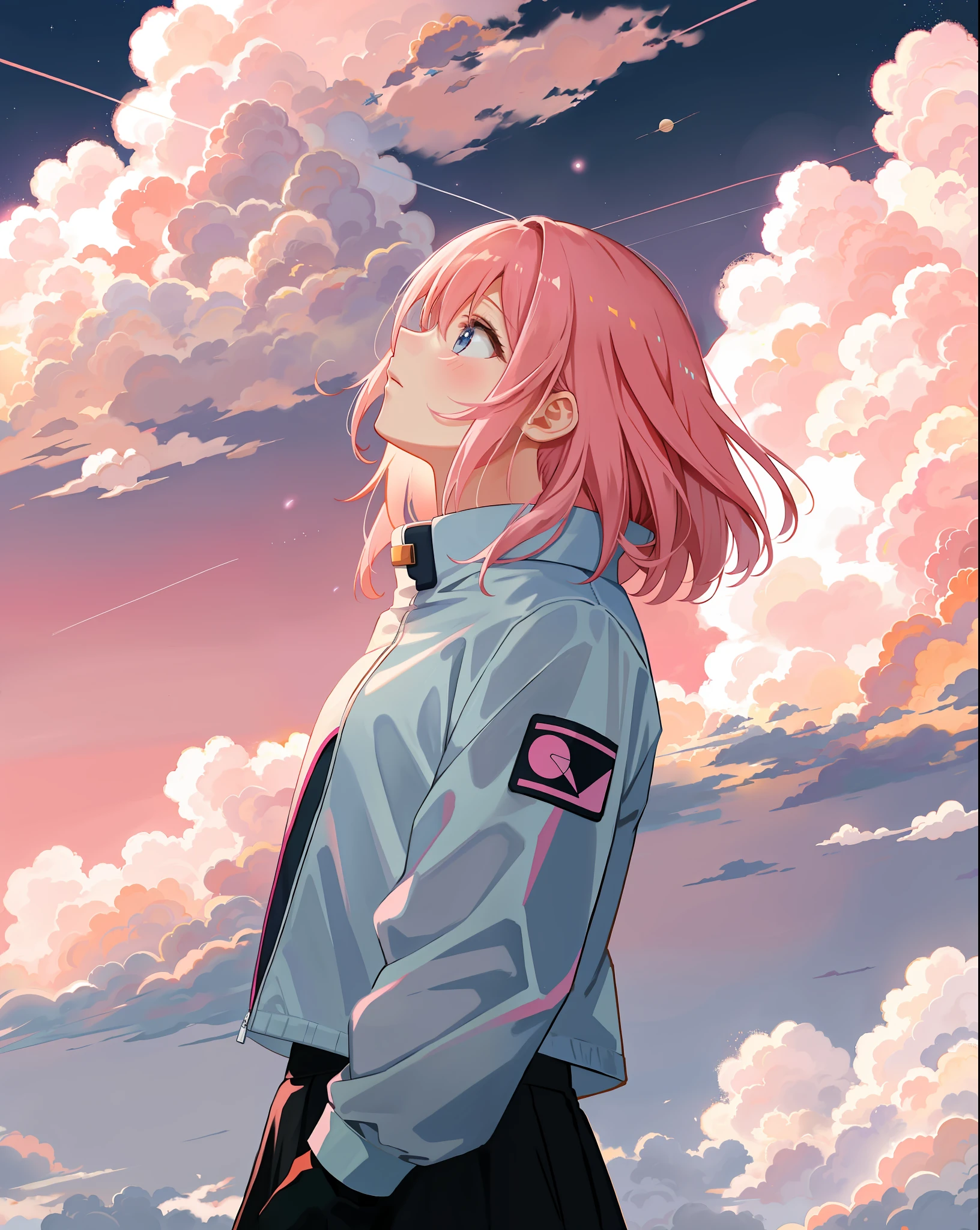 space cadet girl, ((evening sky)), pink clouds, landscape