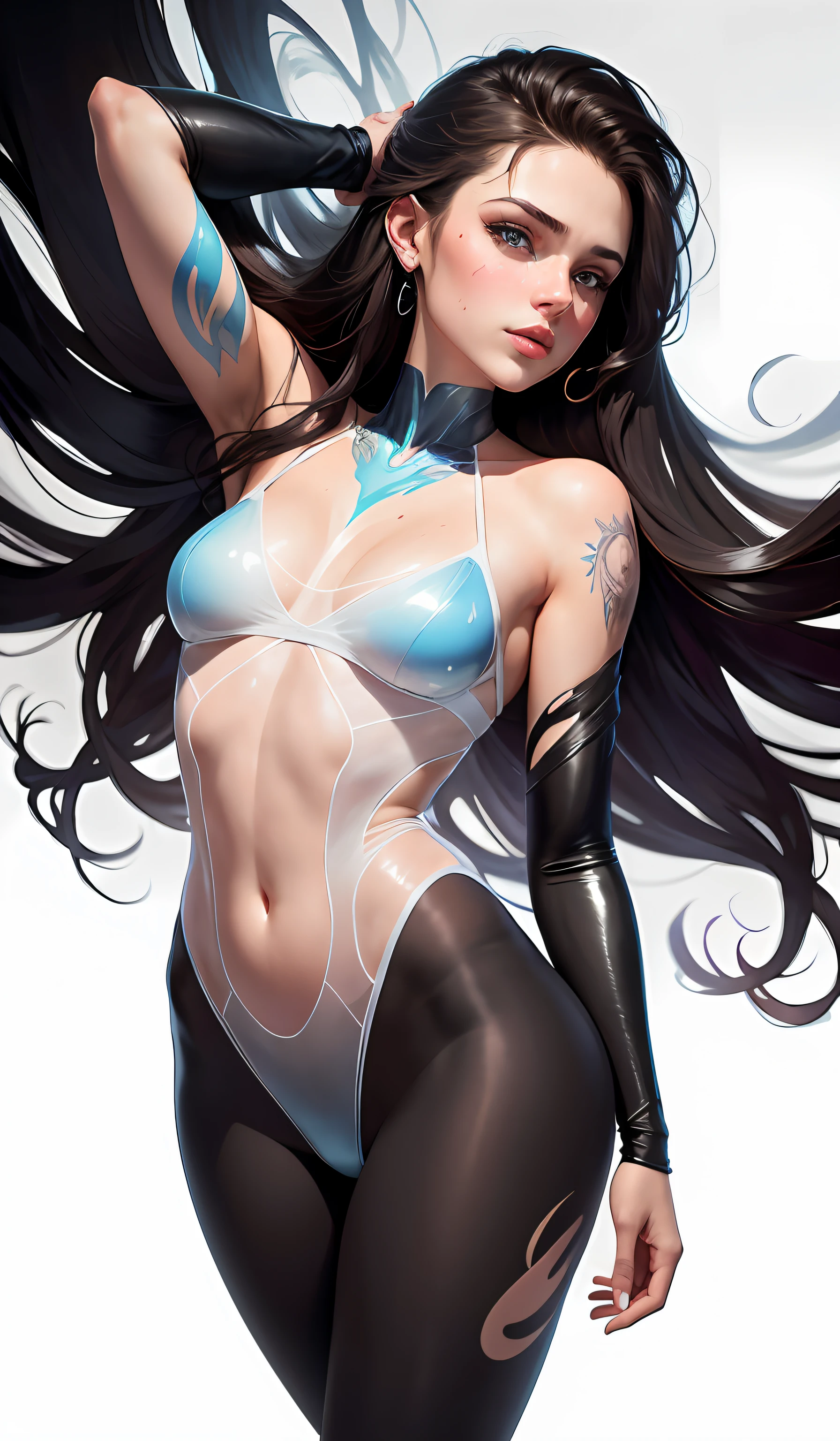 Realistic, full-body portrait of a young, 20-year-old woman with see-through wet marbles. realistic beautiful eyes; cold face, white skin, good looking, small tattoo art does not change body parts. Michael Garmash, Daniel F Gerhartz, Adult style, warm dreamy light, volumetric light, adventure style pulp, liquid acrylic, dynamic gradient, vivid color, illustration, vector curve very detailed, simple, smooth and clean, vector art, smooth, character design, cinematic, surrealism, posters, masterpiece collection, lush vivid colors, royal kiss, wet gouache