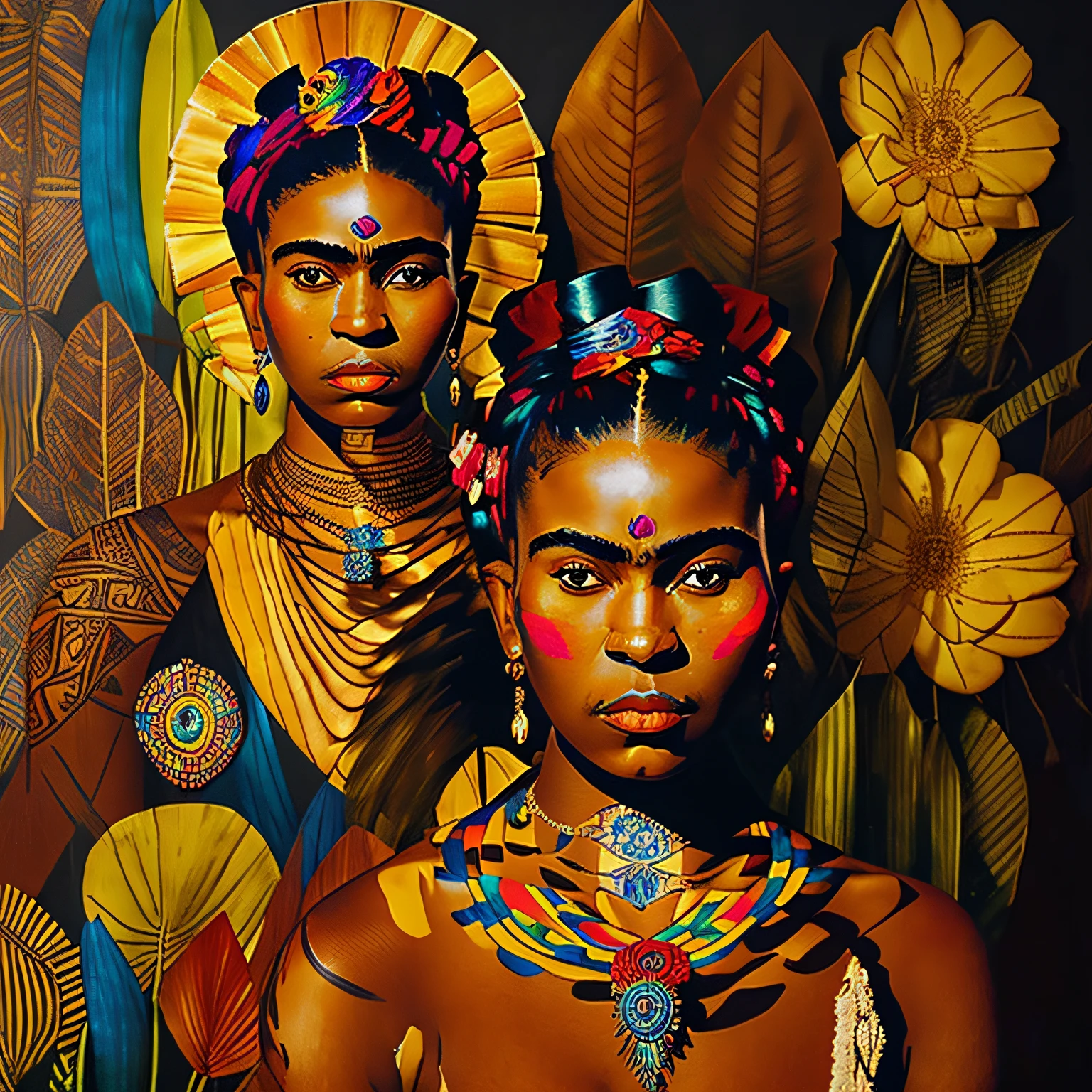 "dark-skinned African girl with intricate tribal body-paint and beautiful ethnic jewelry, depicting the essence of ((Frida Kahlo)) in her expressive painting." --auto