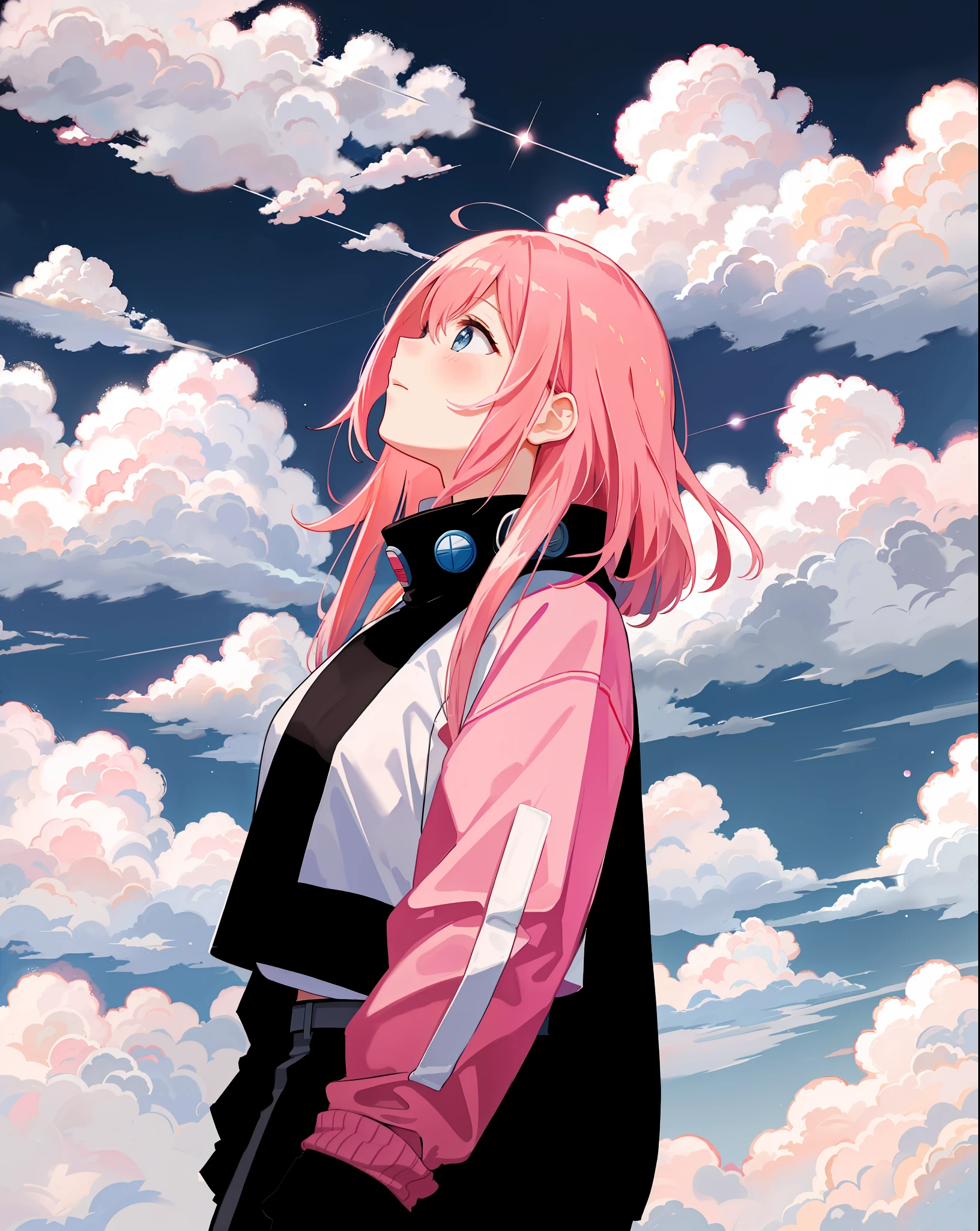 space cadet girl, ((evening sky)), pink clouds, landscape