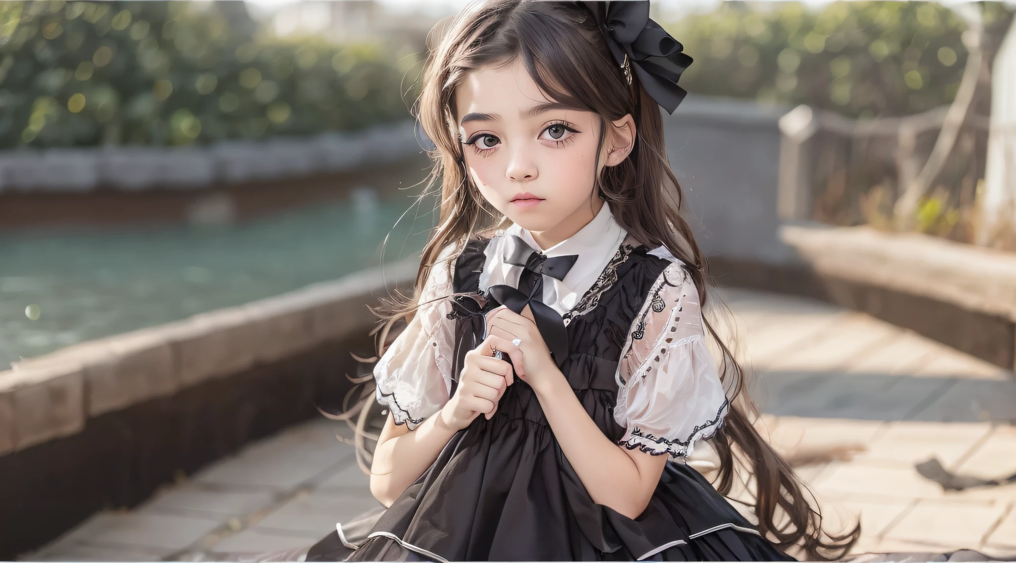 CHILD girl with a black bow and a black dress, girl with dark brown hair, girl with brown hair, black hair ribbons, a beautiful teenager-old, wearing hair bow, young girl, brown hair and big eyes, half-length photo, photo of young woman, young, beautiful girl, she is about 1 6 