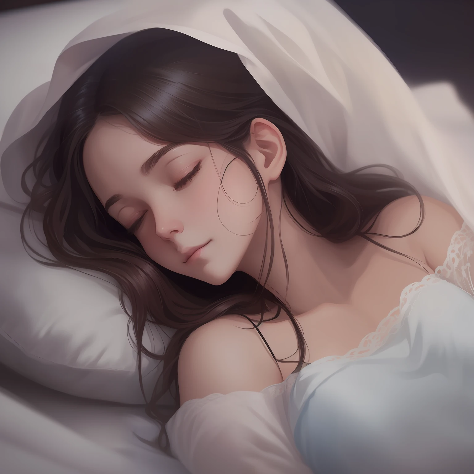 There is a woman sleeping in a bed with a white sheet, soft digital painting, soft illustration, artwork in the style of guweiz, serene illustration, blurry and dreamy illustration, calm night. digital illustration, realistic cute girl painting, realistic digital painting, painted in painter studio, realistic illustration, realistic artstyle, dreamy illustration, adorable digital painting